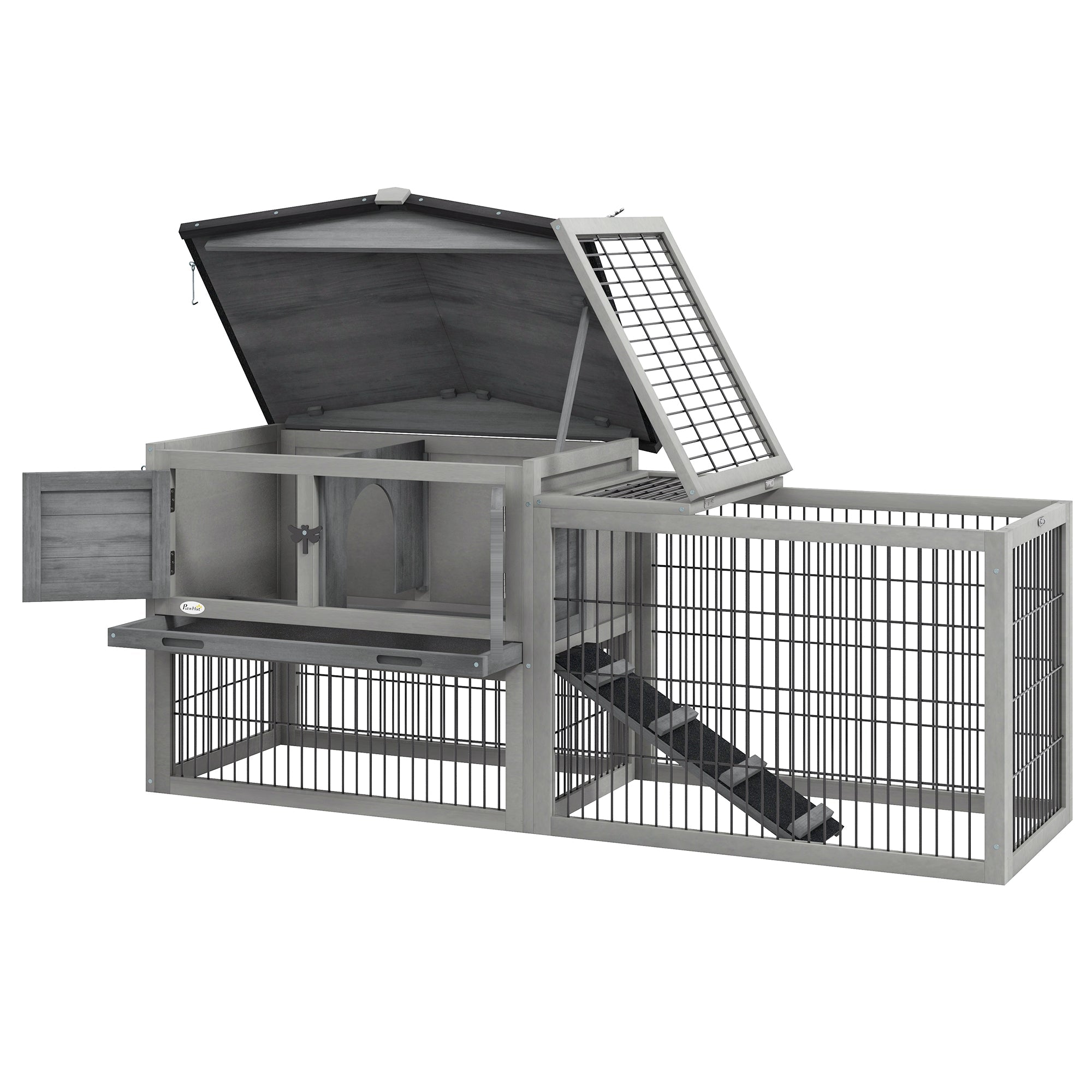 Wooden Rabbit Hutch with Outdoor Run Grey-0