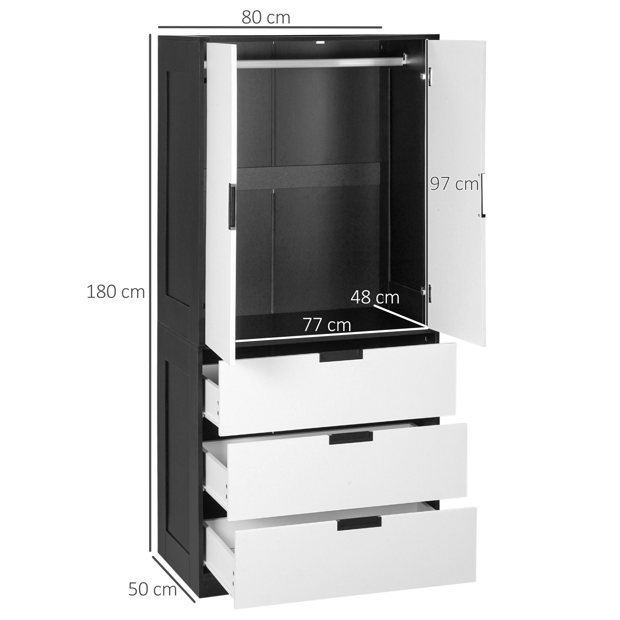 2 Door Wardrobe, Modern Wardrobe with 3 Drawers and Hanging Rod for Bedroom, White-2