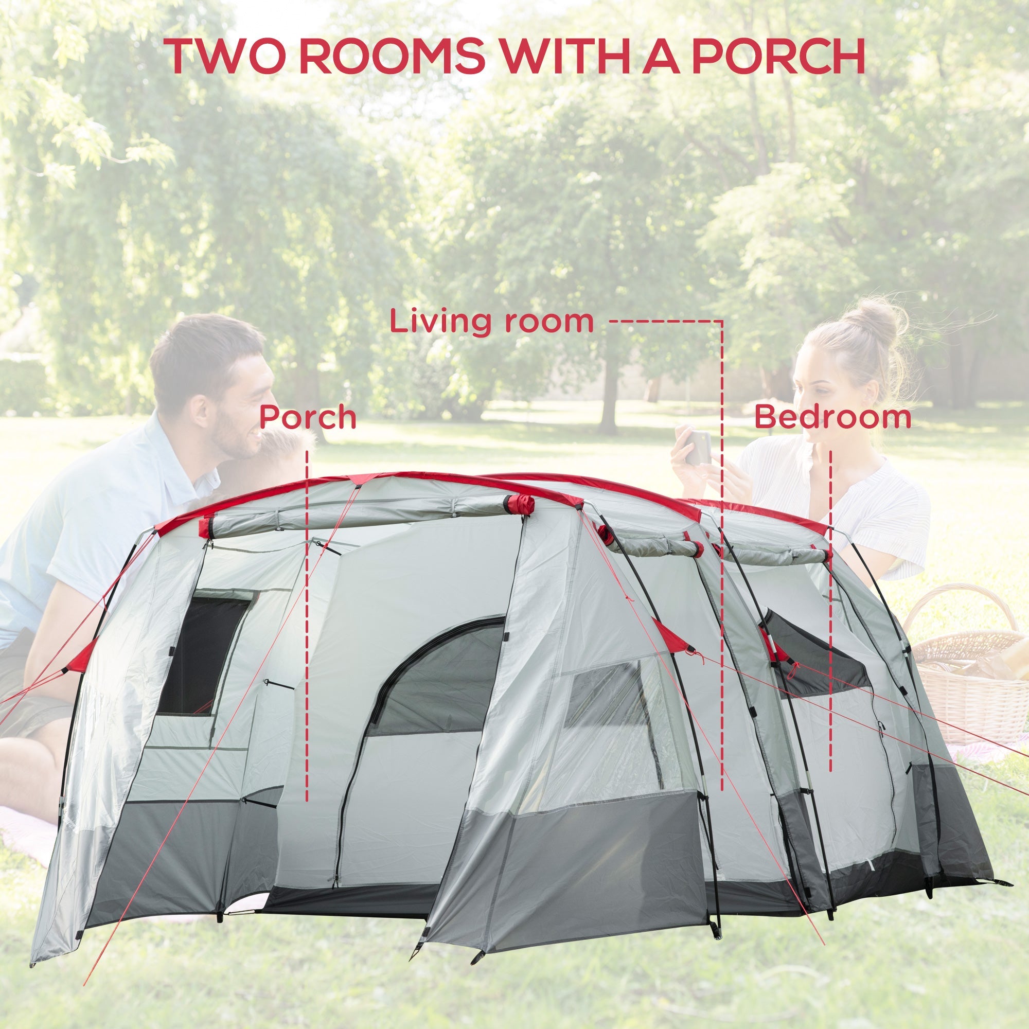 6-8 Person Tunnel Tent, Camping Tent with Bedroom, Living Room, Sewn-in Floor, 3 Doors and Carry Bag, 2000mm Water Column for Fishing, Grey-3