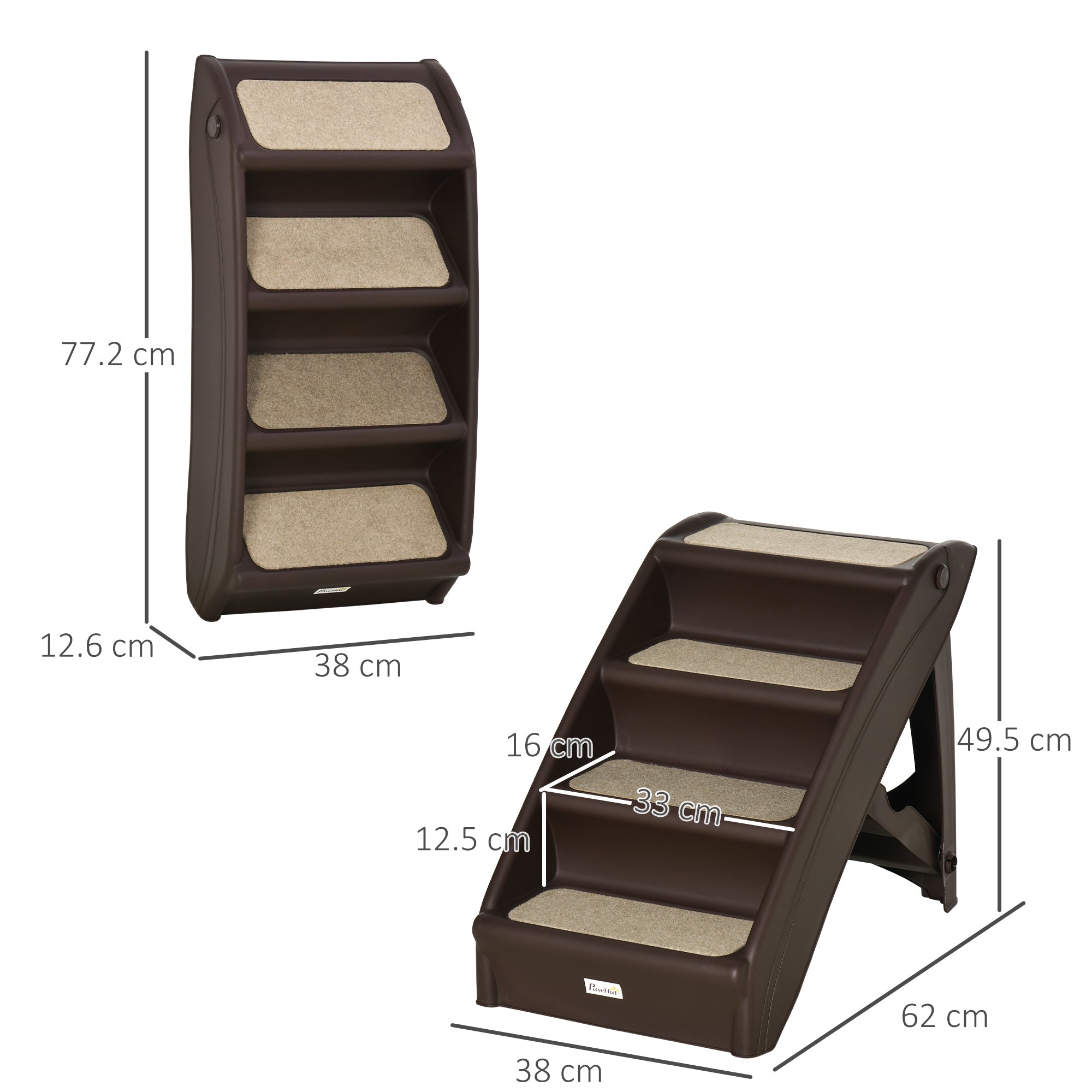 Foldable Pet Stairs, 4-Step for Cats Small Dogs with Non-slip Mats, 62 x 38 x 49.5 cm, Dark Brown-2