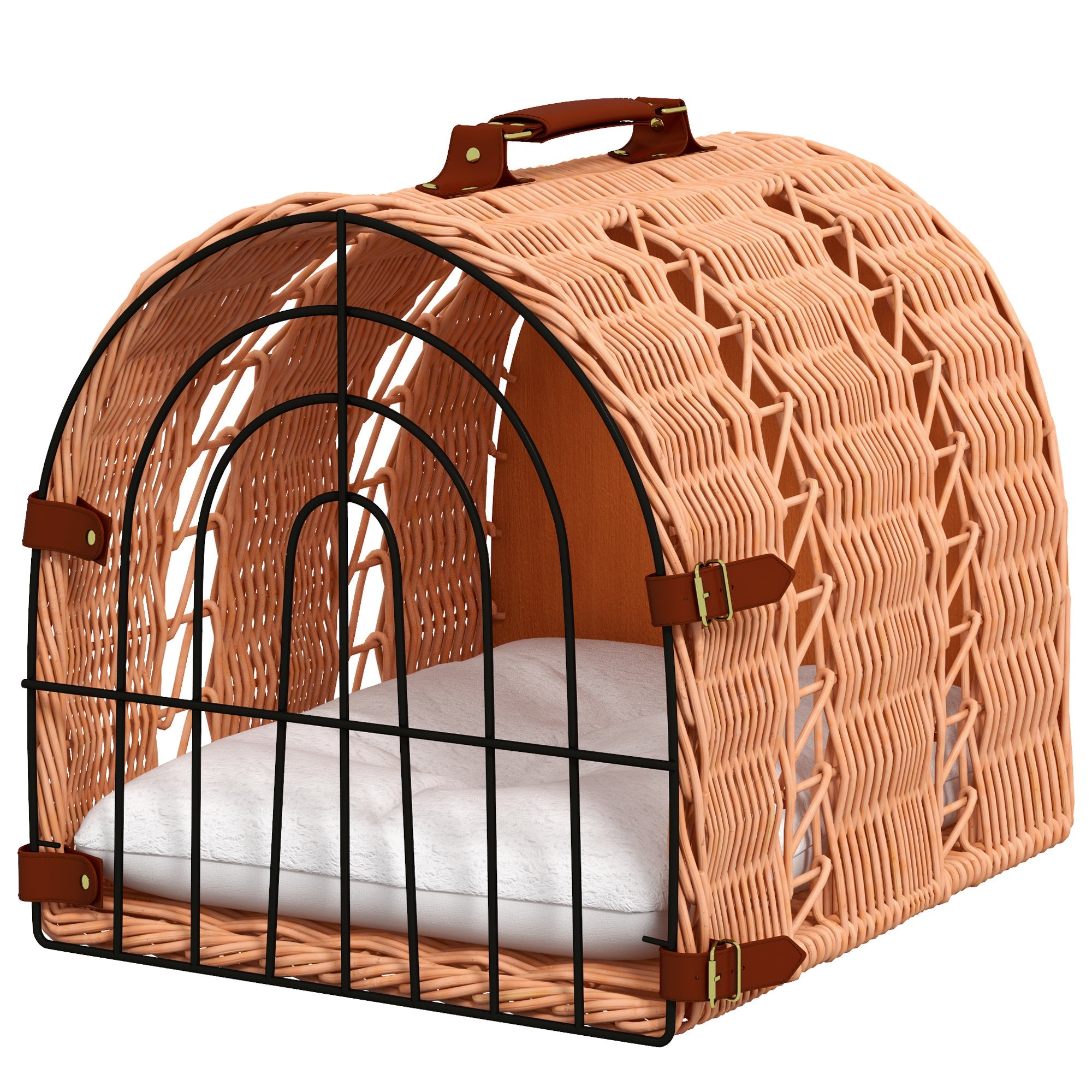 Wicker Cat Carrier Basket Kitten Bed Portable Pet Caves Houses w/ Soft Cushion 37 x 28 x 29 cm Orange-0