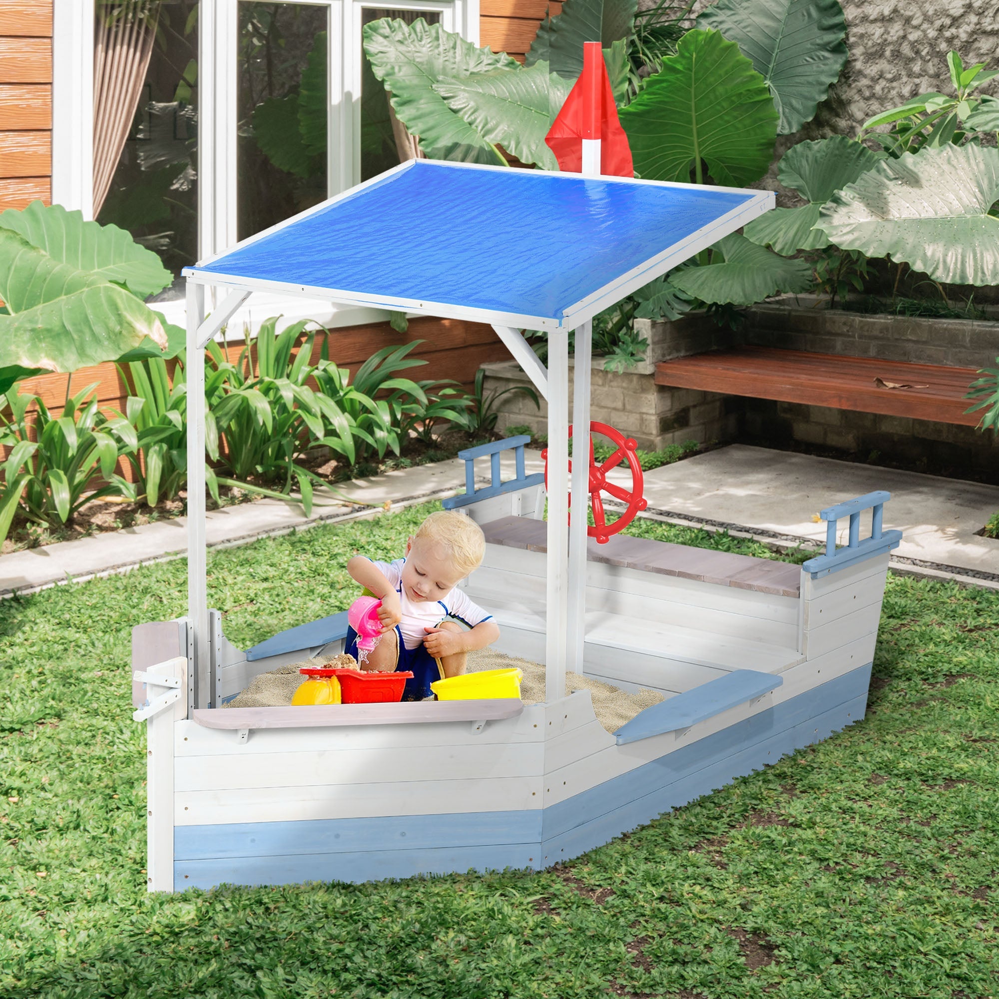 Wooden Kids Sandpit, Children Sandbox w/ UV Protection Canopy, for Ages 3-8 Years - Blue-1