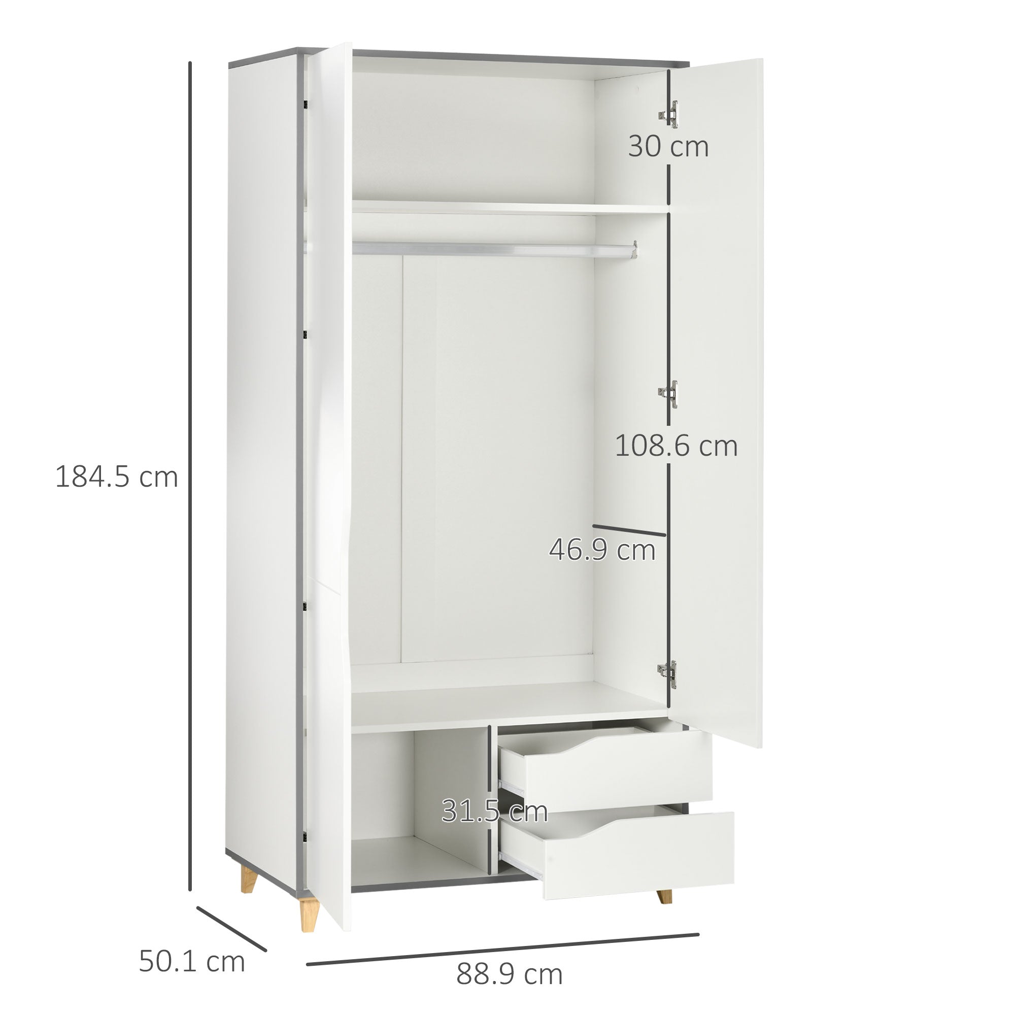 Wardrobe with 2 Doors, 2 Drawers, Hanging Rail, Shelves for Bedroom Clothes Storage Organiser, 89x50x185cm, White-2