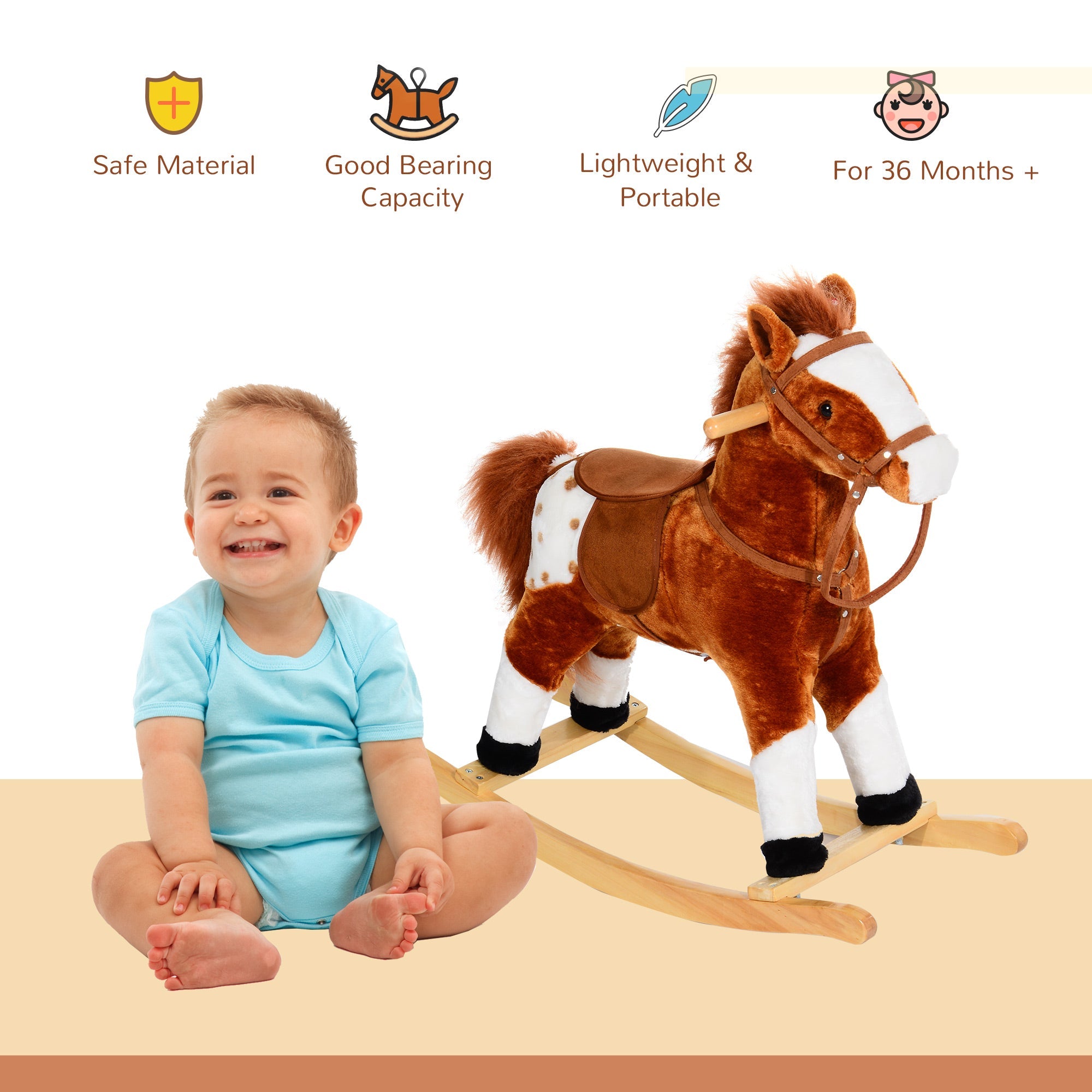 Wooden Rocking Horse with Sound Handle Grip Traditional Toy Fun Gift Brown-3