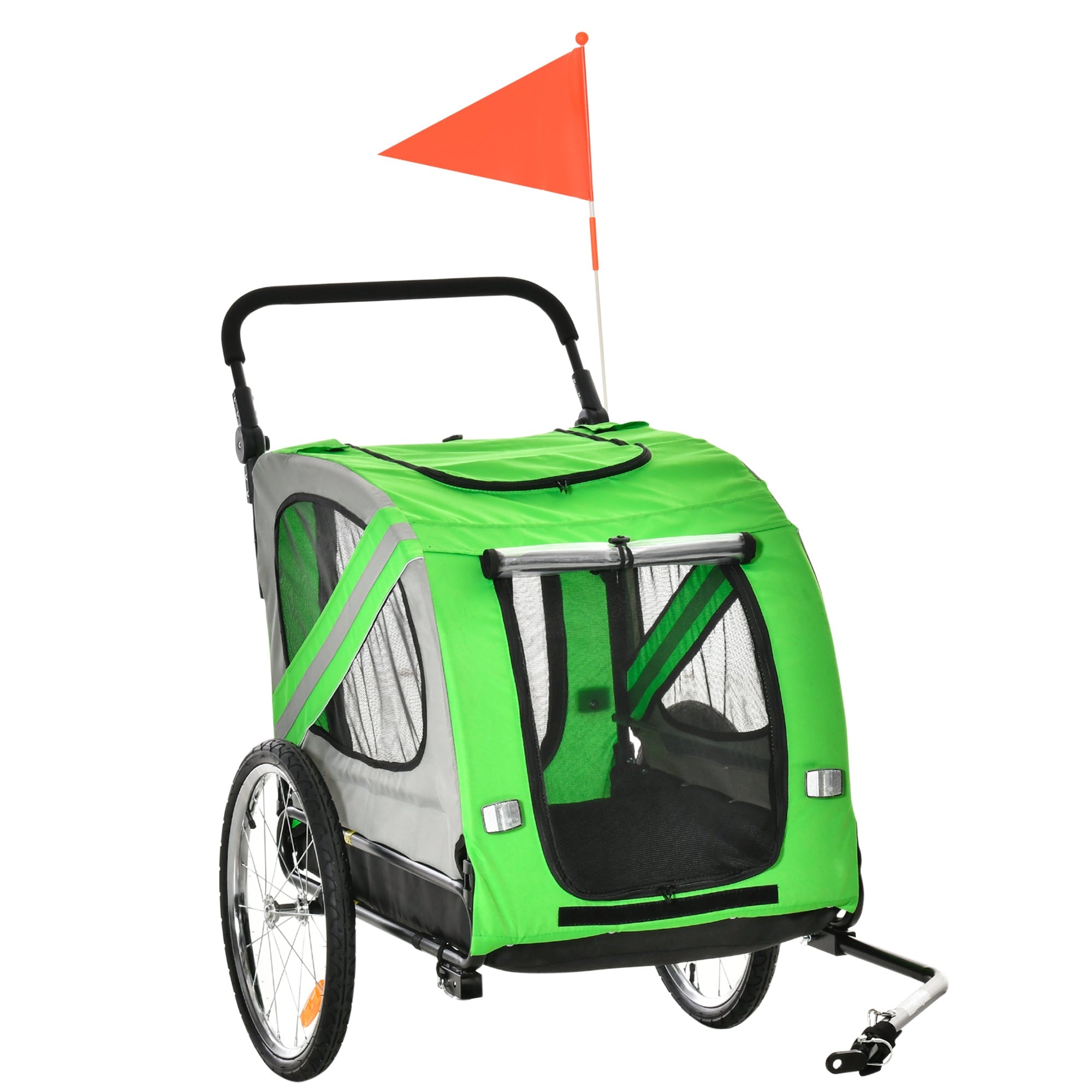 Dog Bike Trailer 2-in-1 Pet Stroller Cart Bicycle Carrier Attachment for Travel in steel frame with Universal Wheel Reflectors Flag Green-0