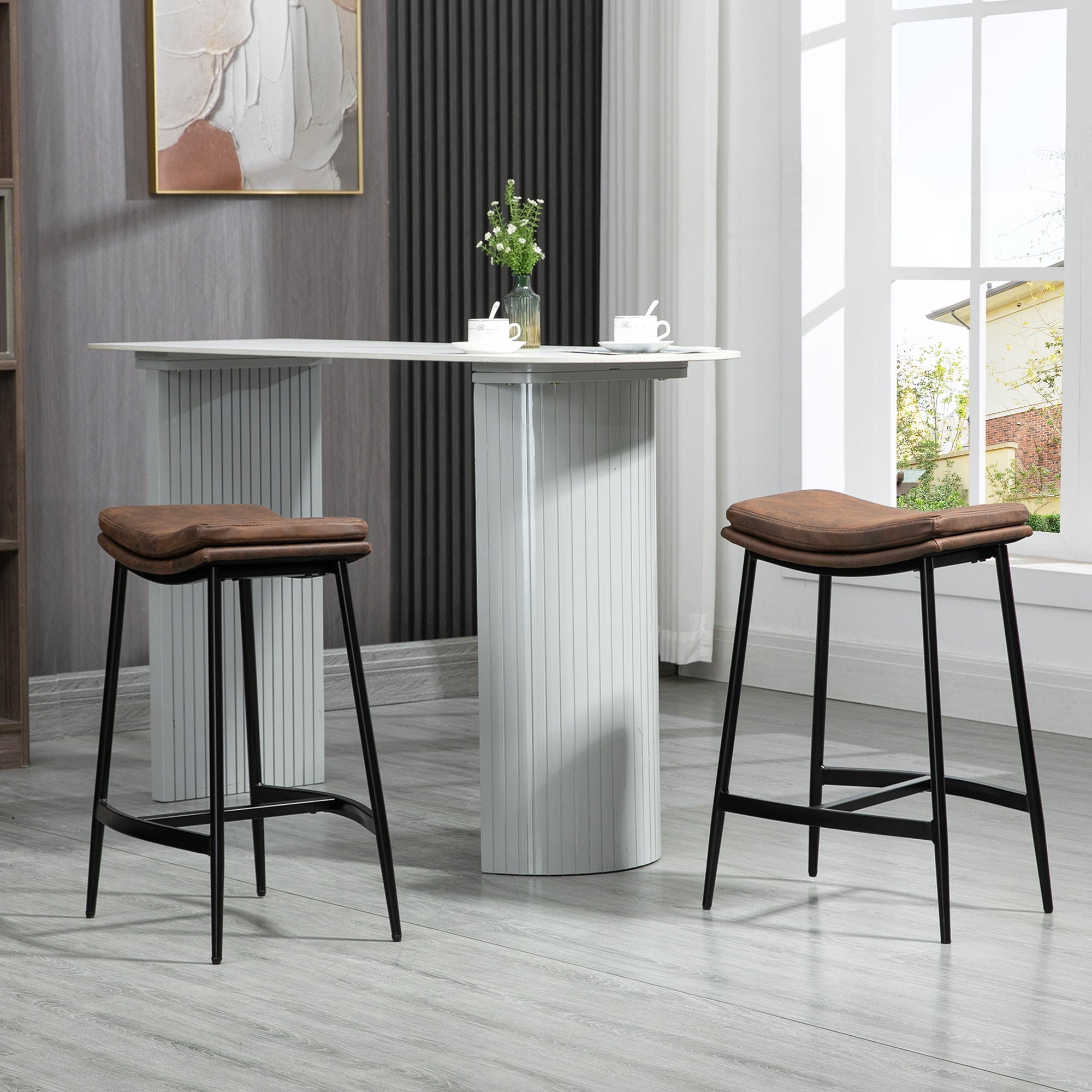 Breakfast Bar Stools Set of 2, Microfibre Upholstered Barstools, Industrial Bar Chairs with Curved Seat and Steel Frame-1