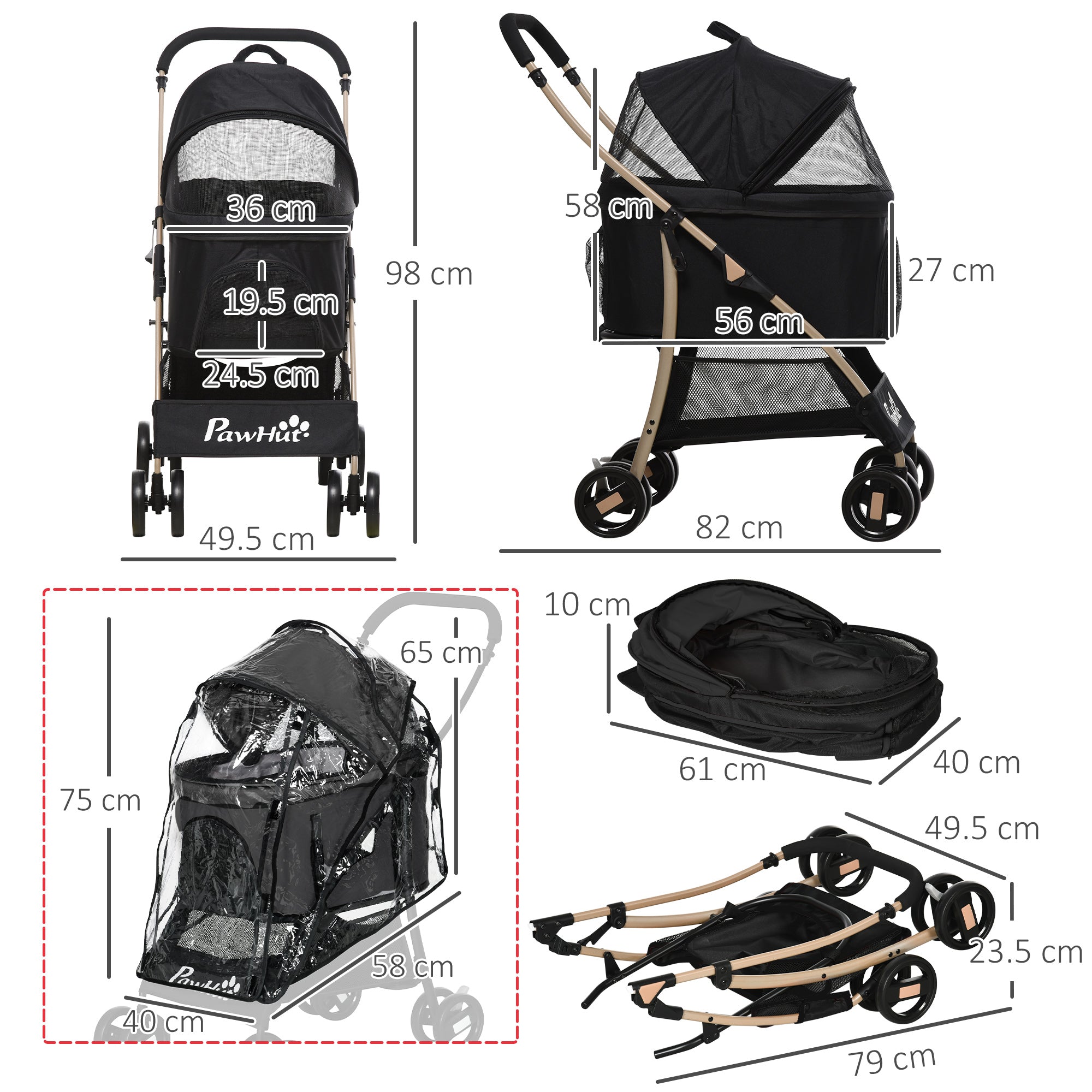 Detachable Pet Stroller with Rain Cover, 3 In 1 Cat Dog Pushchair, Foldable Carrying Bag w/ Universal Wheels, Brake, Canopy, Basket-2