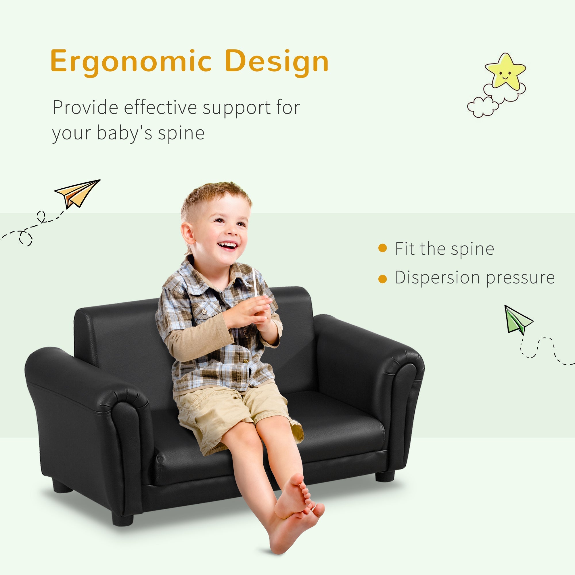 2 Seater Toddler Chair Kids Twin Sofa Childrens Double Seat Chair Furniture Armchair Boys Girls Couch w/ Footstool (Black)-3