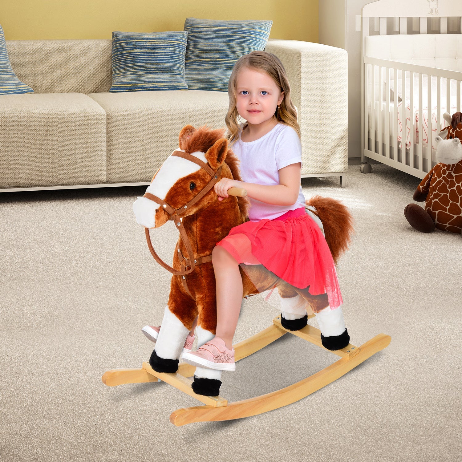 Wooden Rocking Horse with Sound Handle Grip Traditional Toy Fun Gift Brown-1