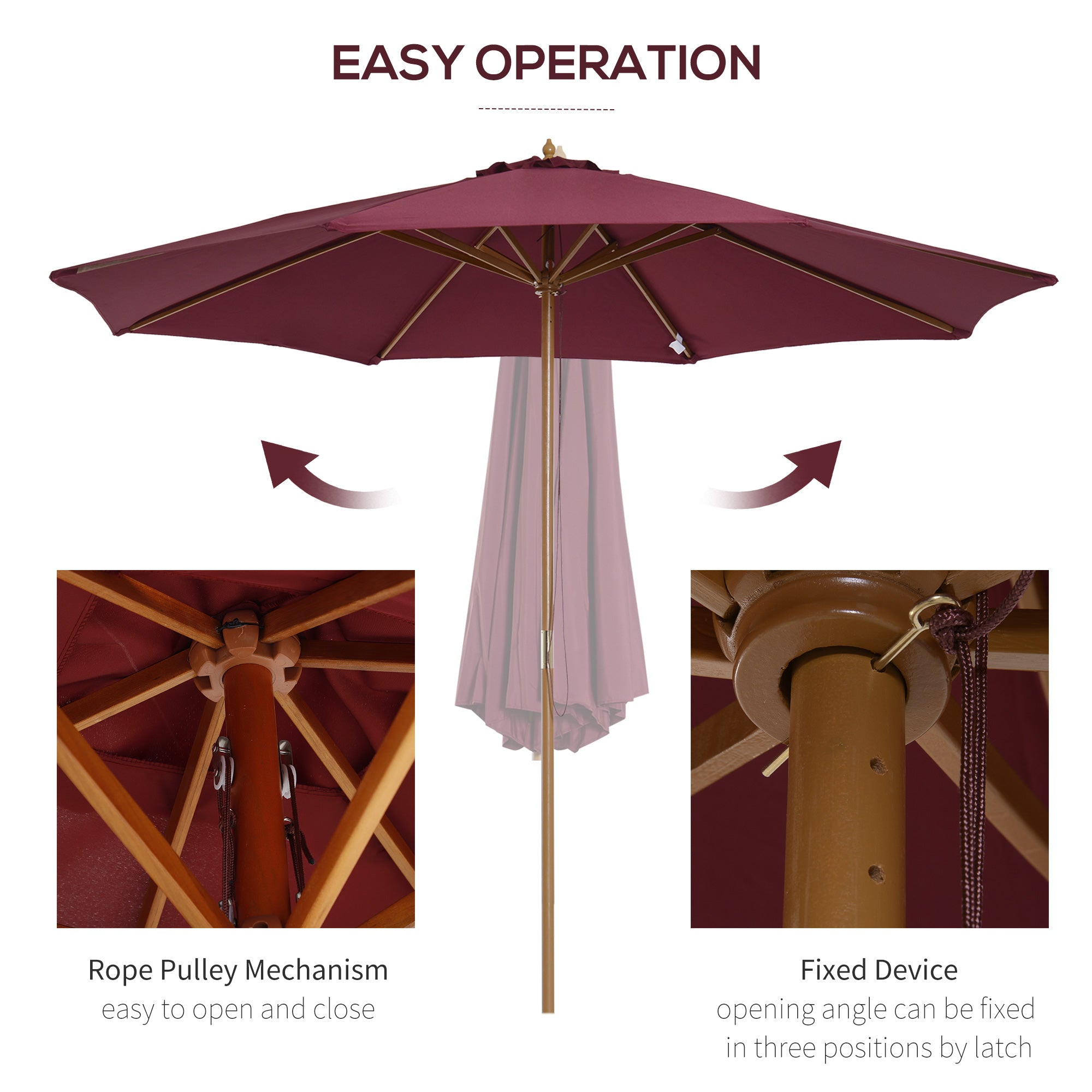 ⌀3m Bamboo Wooden Market Patio Umbrella Garden Parasol Outdoor Sunshade Canopy, 8-ribs,Wine Red-3