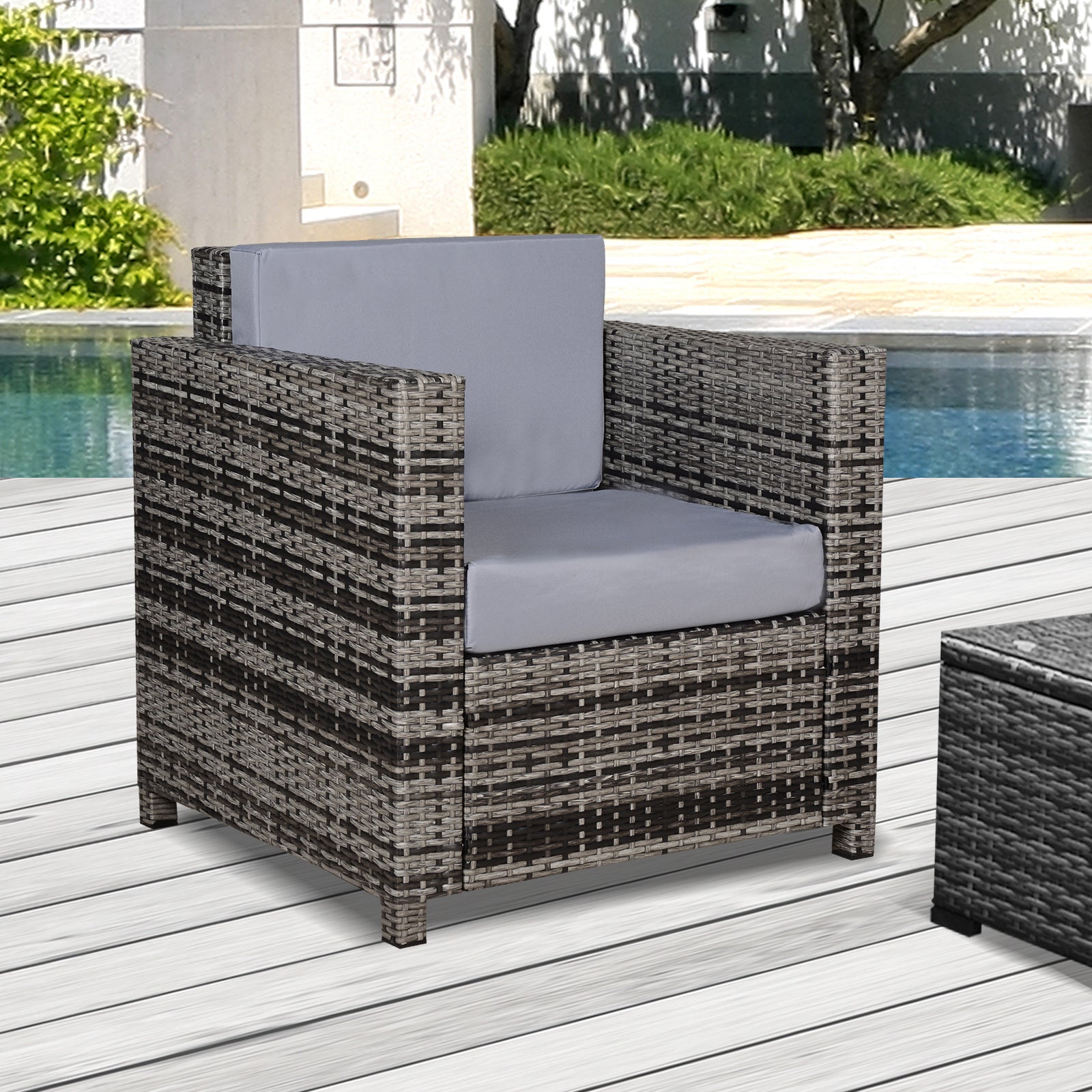 1 Seater Rattan Garden Chair All-Weather Wicker Weave Single Sofa Armchair with Fire Resistant Cushion - Grey-0