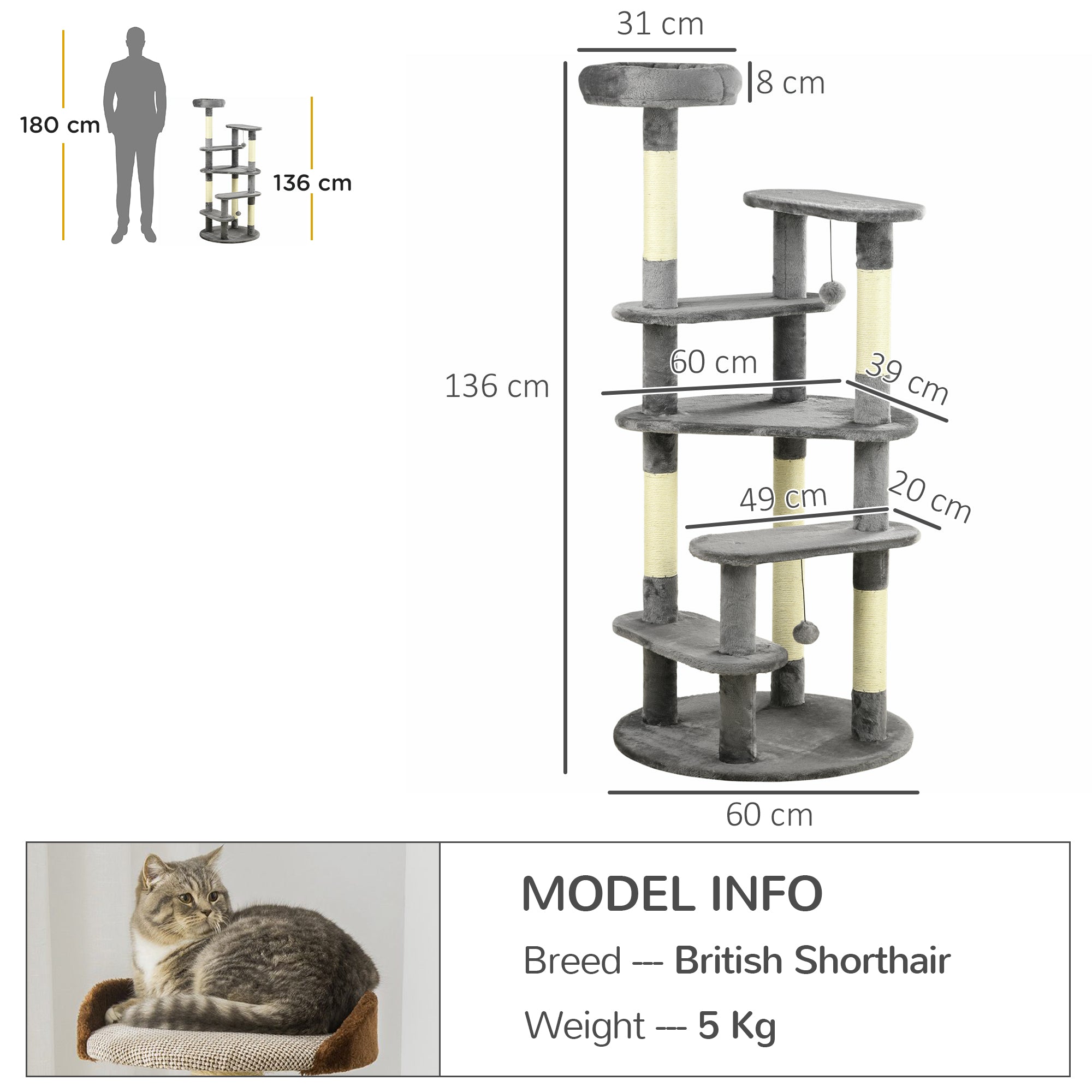 136cm Cat Tree for Indoor Cats, Modern Cat Tower with Scratching Posts, Bed, Toy Ball - Grey-2