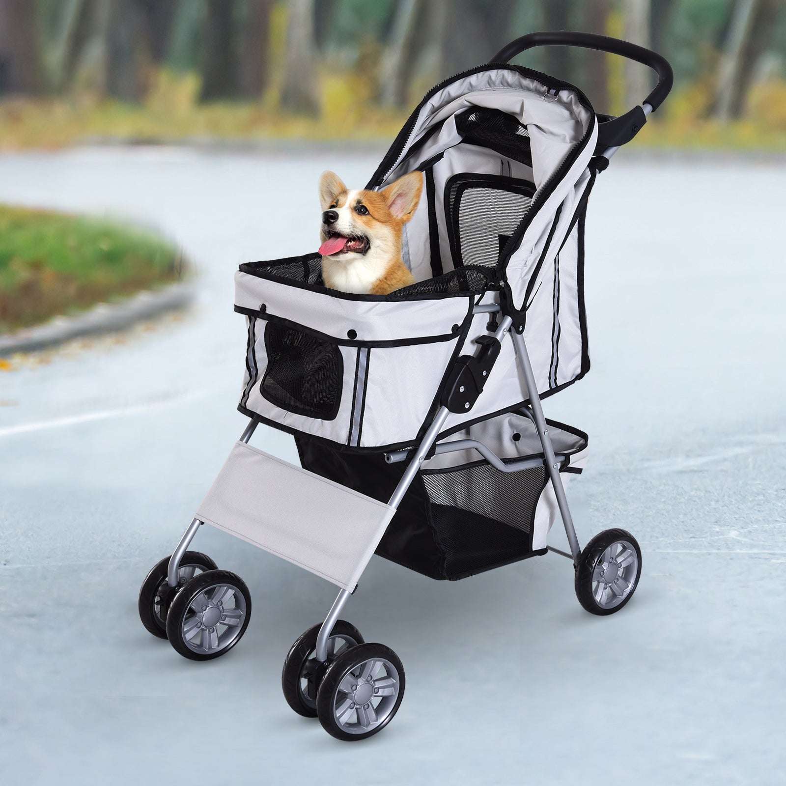 Dog Pram Pet Stroller Dog Pushchair Foldable Travel Carriage with Wheels Zipper Entry Cup Holder Storage Basket Grey-1