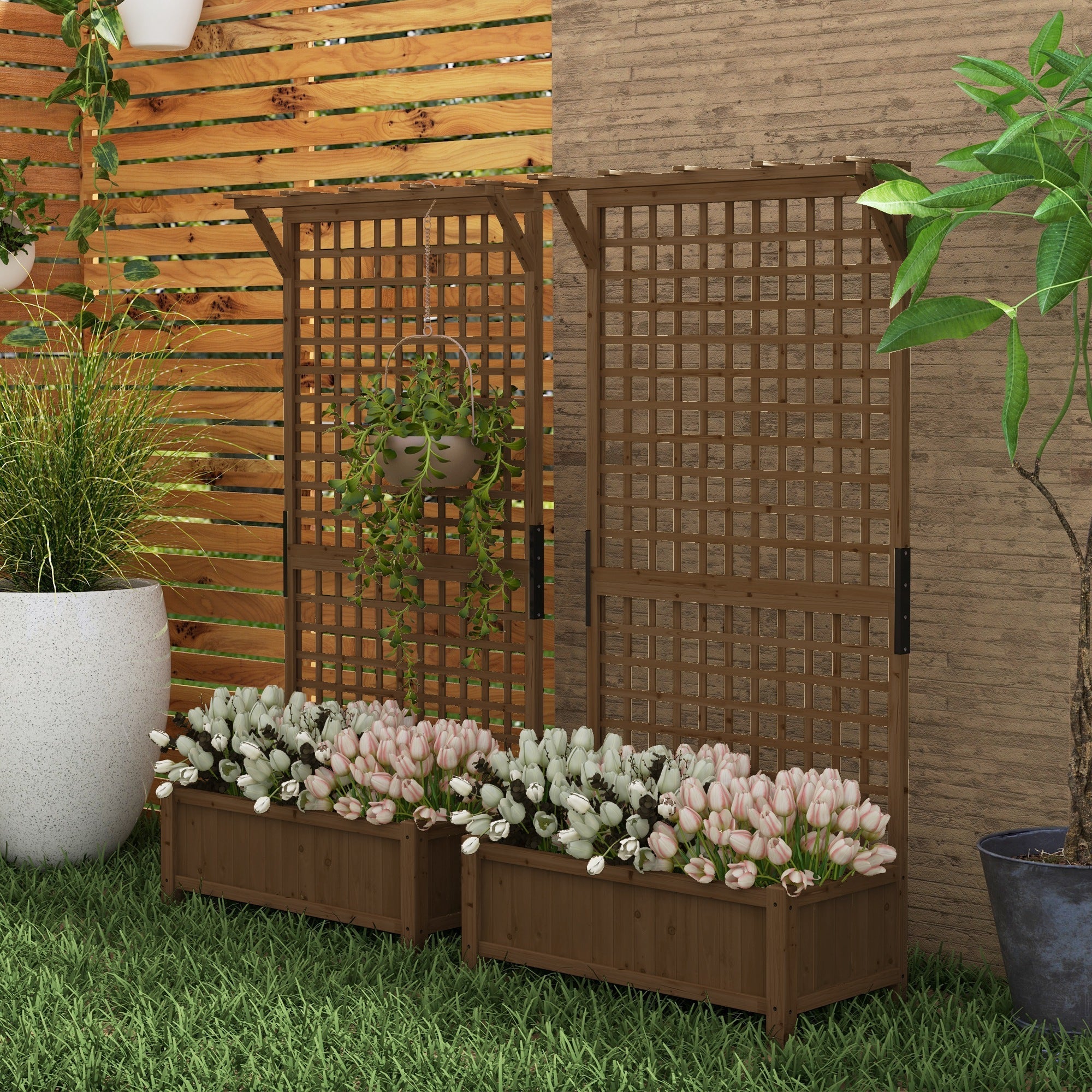 2 Pcs Raised Bed with Drainage Holes, Wood Planter with Trellis for Climbing Plants to Grow Vegetables, Flowers, Brown-1