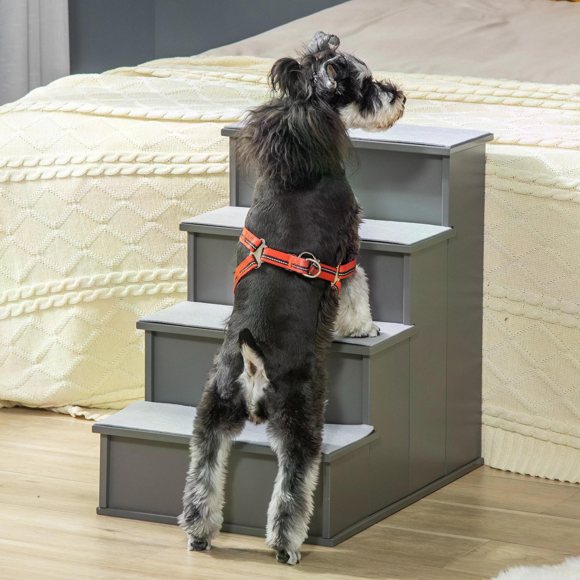 4 Step Wooden Cushioned Pet Stairs Ramp Steps for Dogs, Cat Ladder for Bed Couch with Non-Slip Carpet, 40 x 59 x 54.2 cm, Grey-1