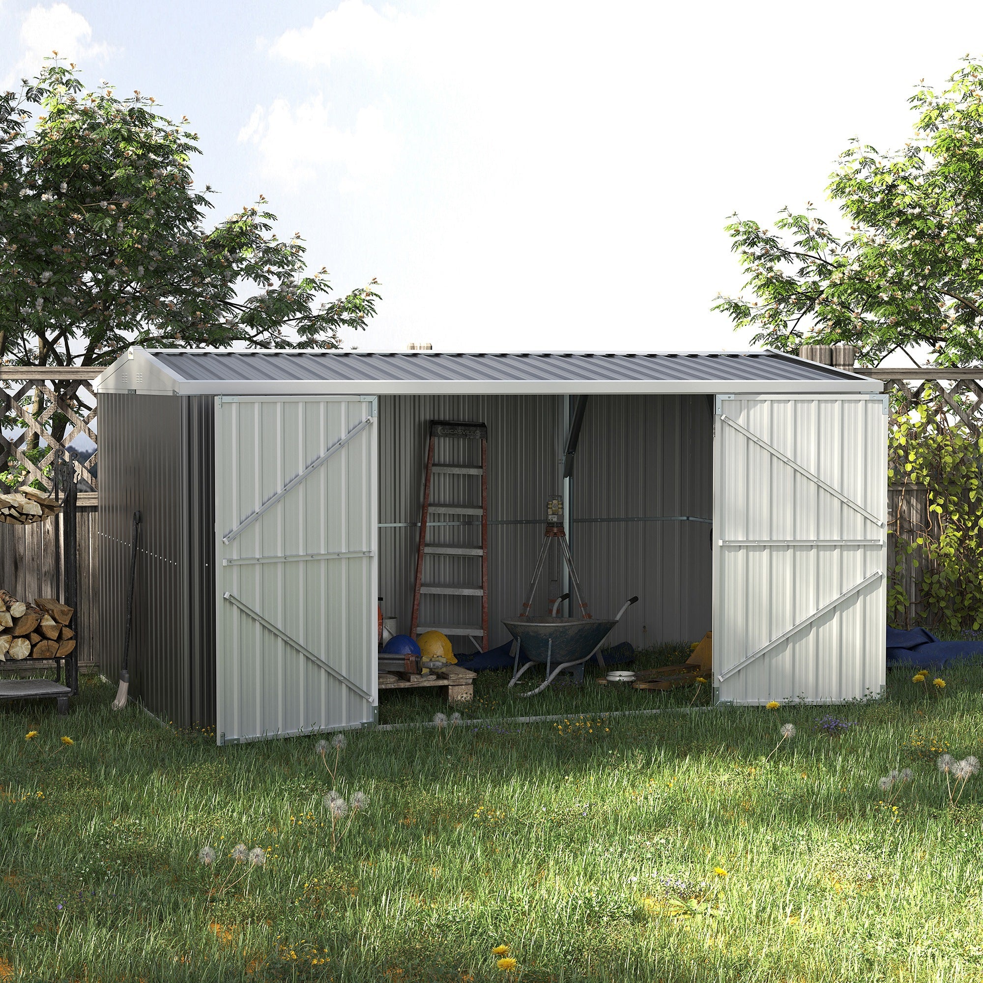 14 x 9 ft Lockable Garden Shed Large Patio Roofed Tool Metal Storage Building Foundation Sheds Box Outdoor Furniture, Grey-1