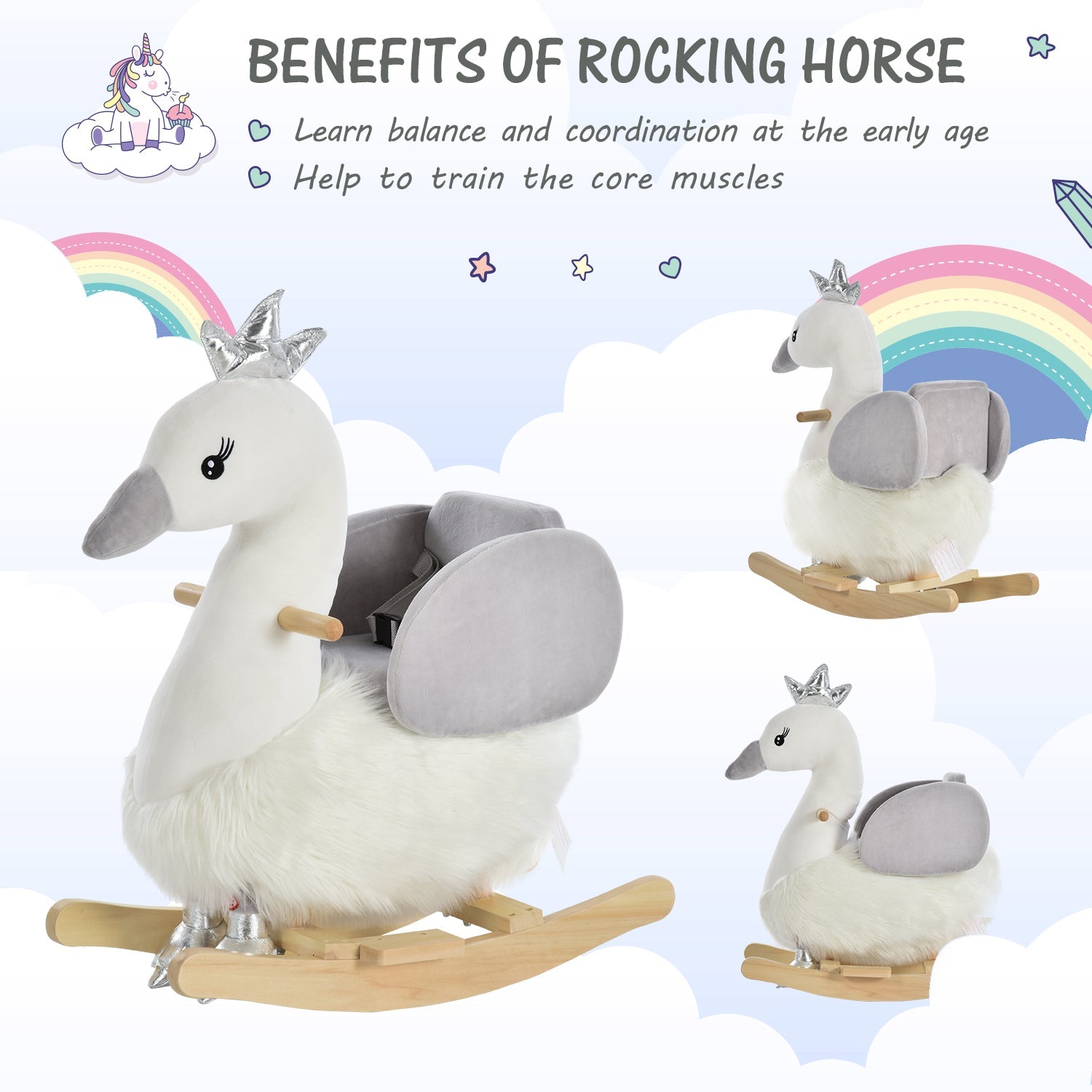 Kids Plush Ride-On Rocking Animal Horse Swan-shaped Toy Rocker with Realistic Sounds for Toddler 18-36 Months-4