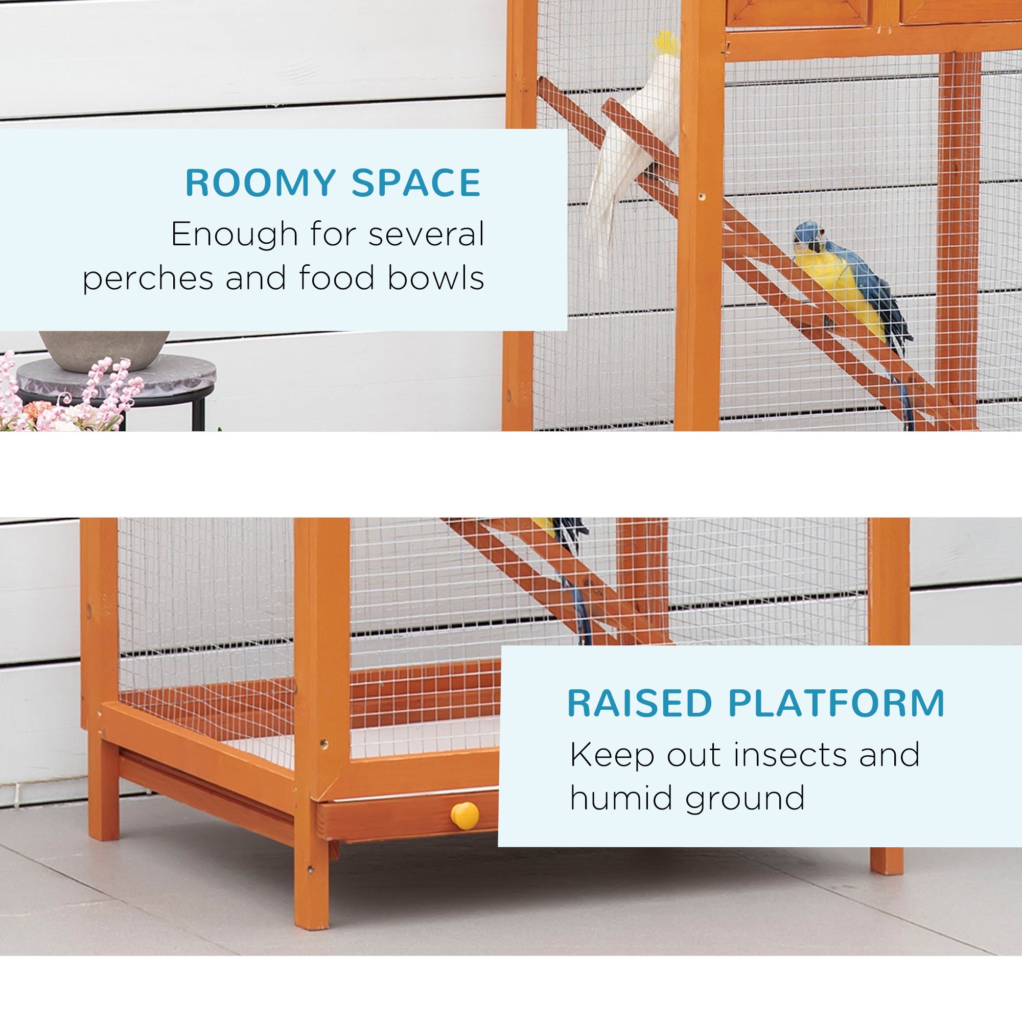 Wooden Bird Aviary Cages Outdoor Finches Birdcage with Pull Out Tray 2 Doors, Orange-4