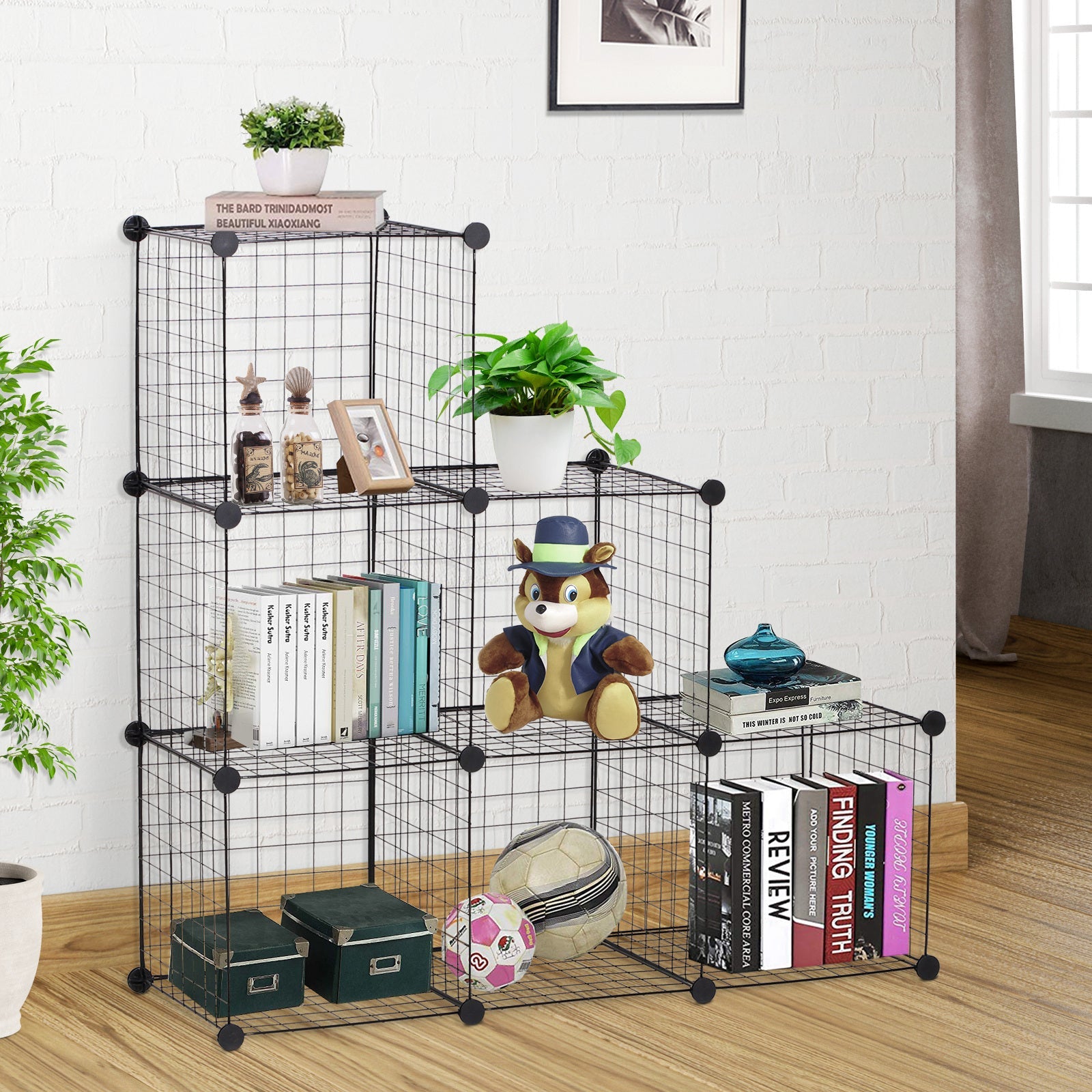 DIY 6 Cube Metal Wire Rack Interlocking Storage Cabinet Living Room Organiser Display Shelves Black-1