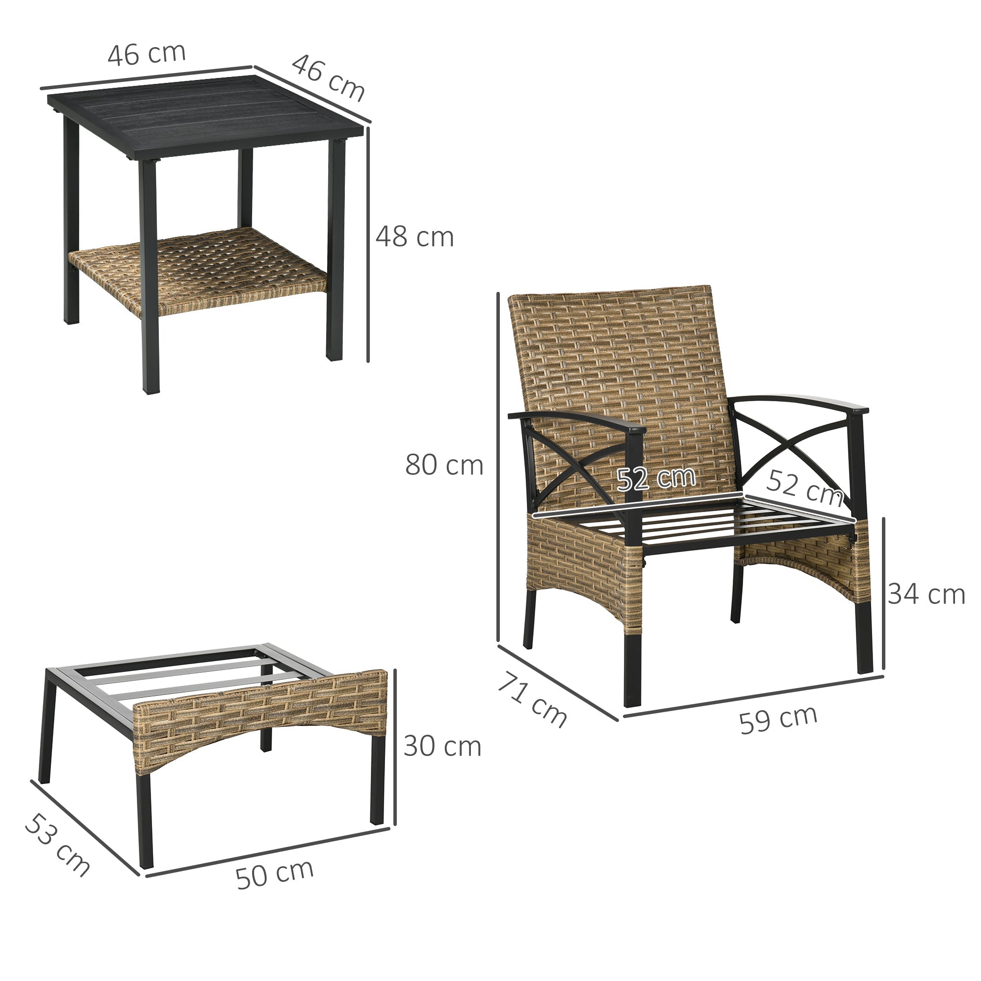 5 Piece PE Rattan Garden Furniture Set, 2 Armchairs, 2 Stools, Steel Tabletop with Wicker Shelf, Padded Outdoor Seating, Grey-2