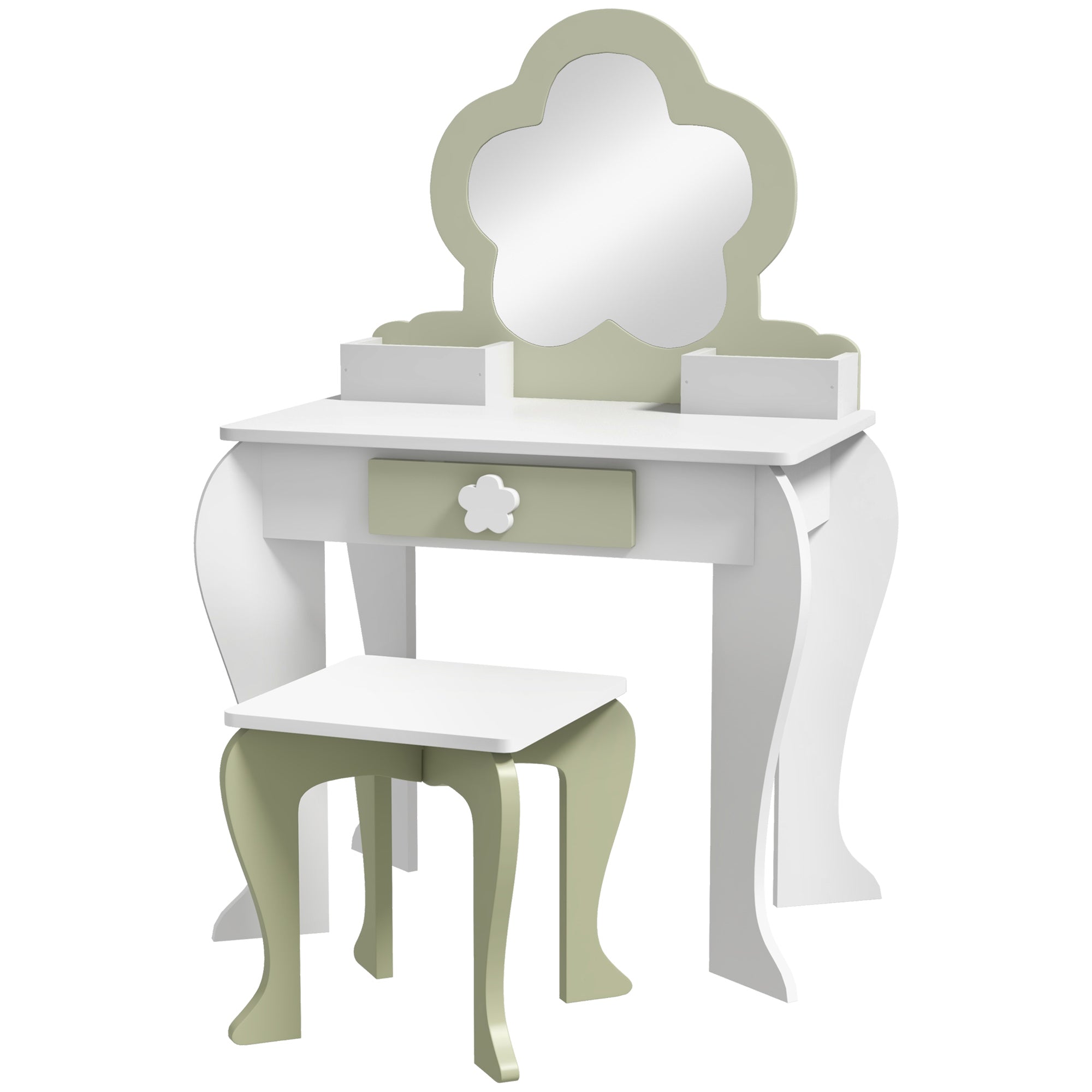 Kids Vanity Table with Mirror and Stool, Drawer, Storage Boxes, Beauty Flower Design, for 3-6 Years Old, White-0