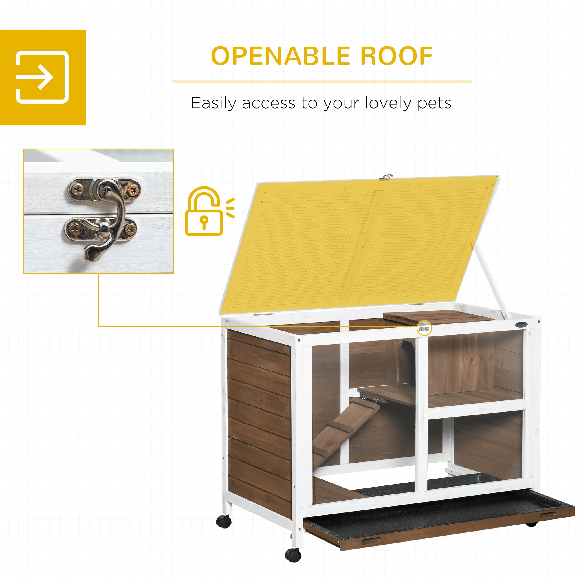 Wooden Rabbit Hutch Guinea Pigs House Bunny Small Animal Cage W/ Pull-out Tray Openable Roof Wheels 91.5 x 53.3 x 73 cm, Brown-4