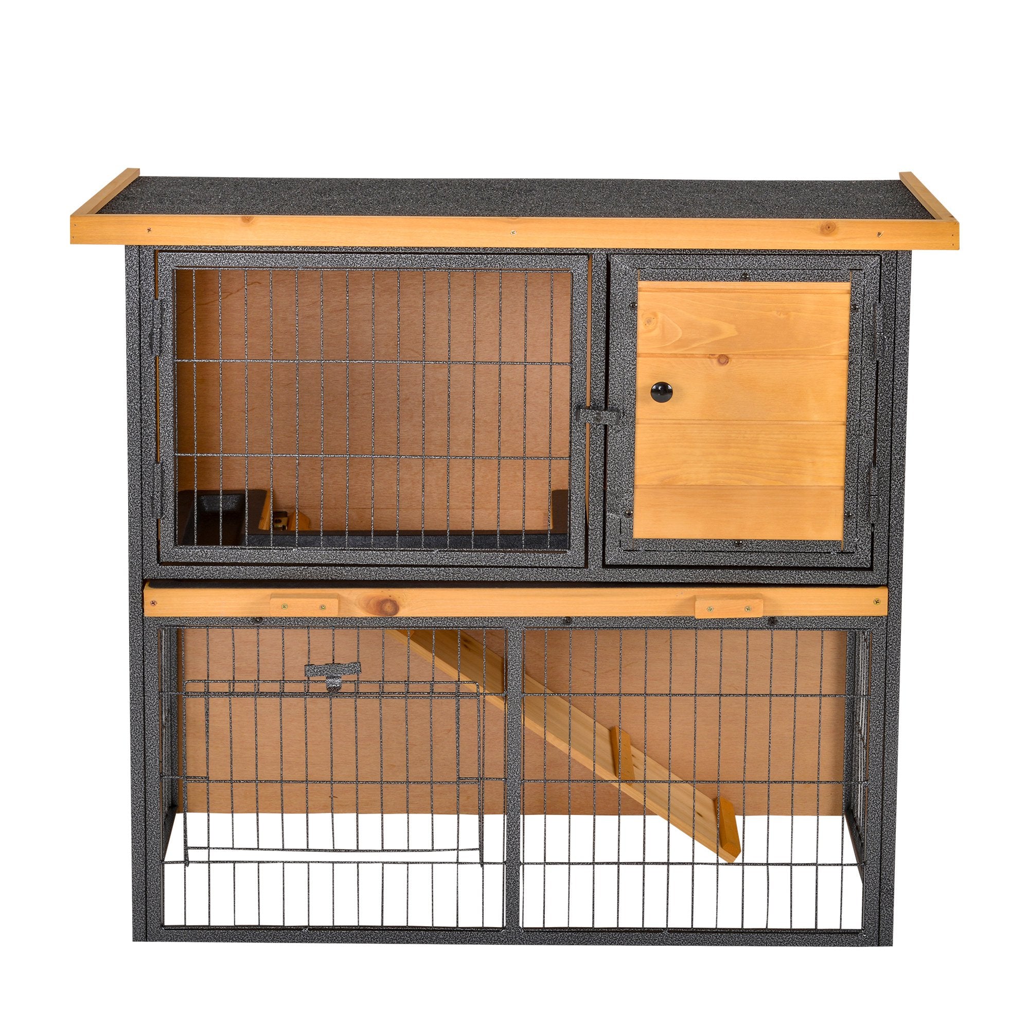 Wood-metal Guinea Pigs Hutches Elevated Pet House Bunny Cage with Slide-Out Tray Asphalt Openable Roof Lockable Door Outdoor-1