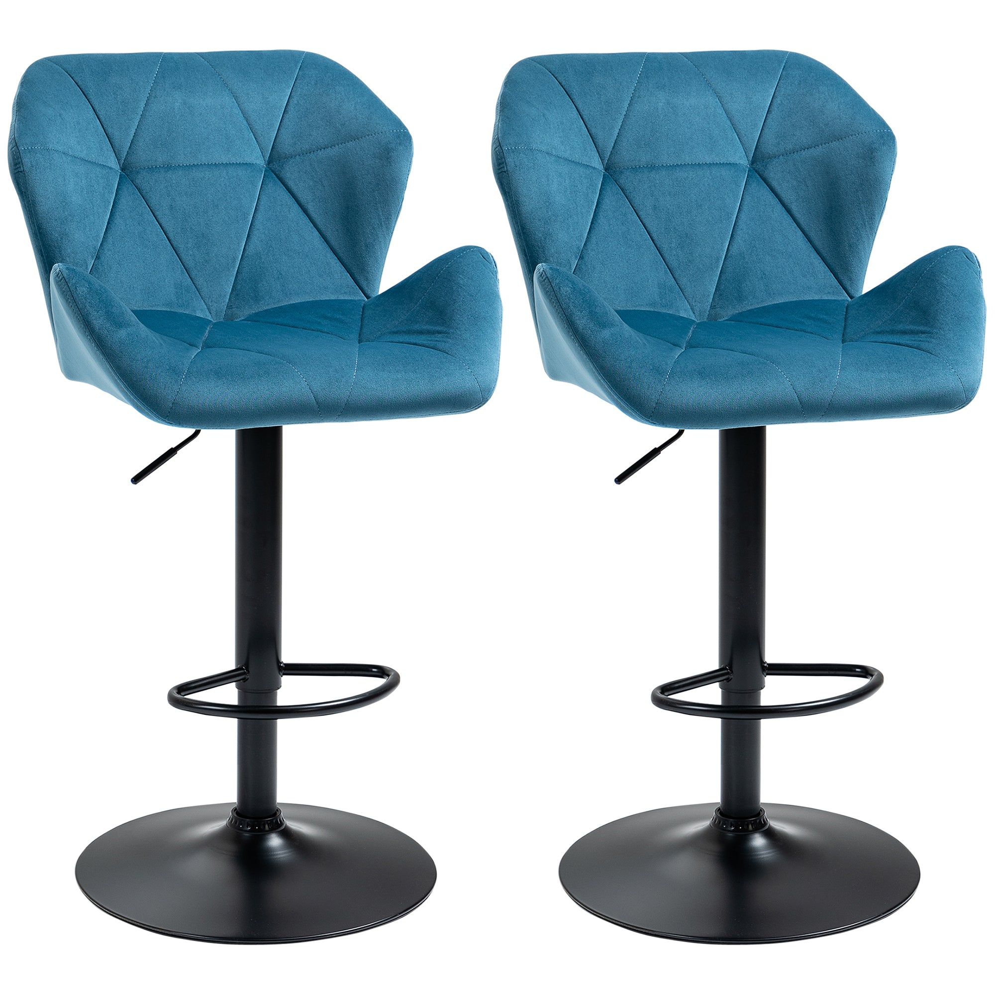 Bar Stools Set Of 2 Luxurious Velvet-Touch Barstools w/ Metal Frame Footrest Round Base Triangle Indenting Moulded Seat Adjustable Height Blue-0