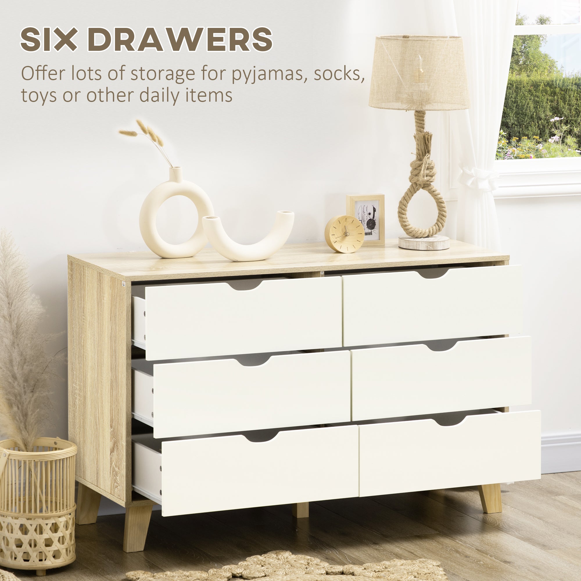 Wide Chest of Drawers, 6-Drawer Storage Organiser Unit with Wood Legs for Bedroom, Living Room, White and Light Brown-4