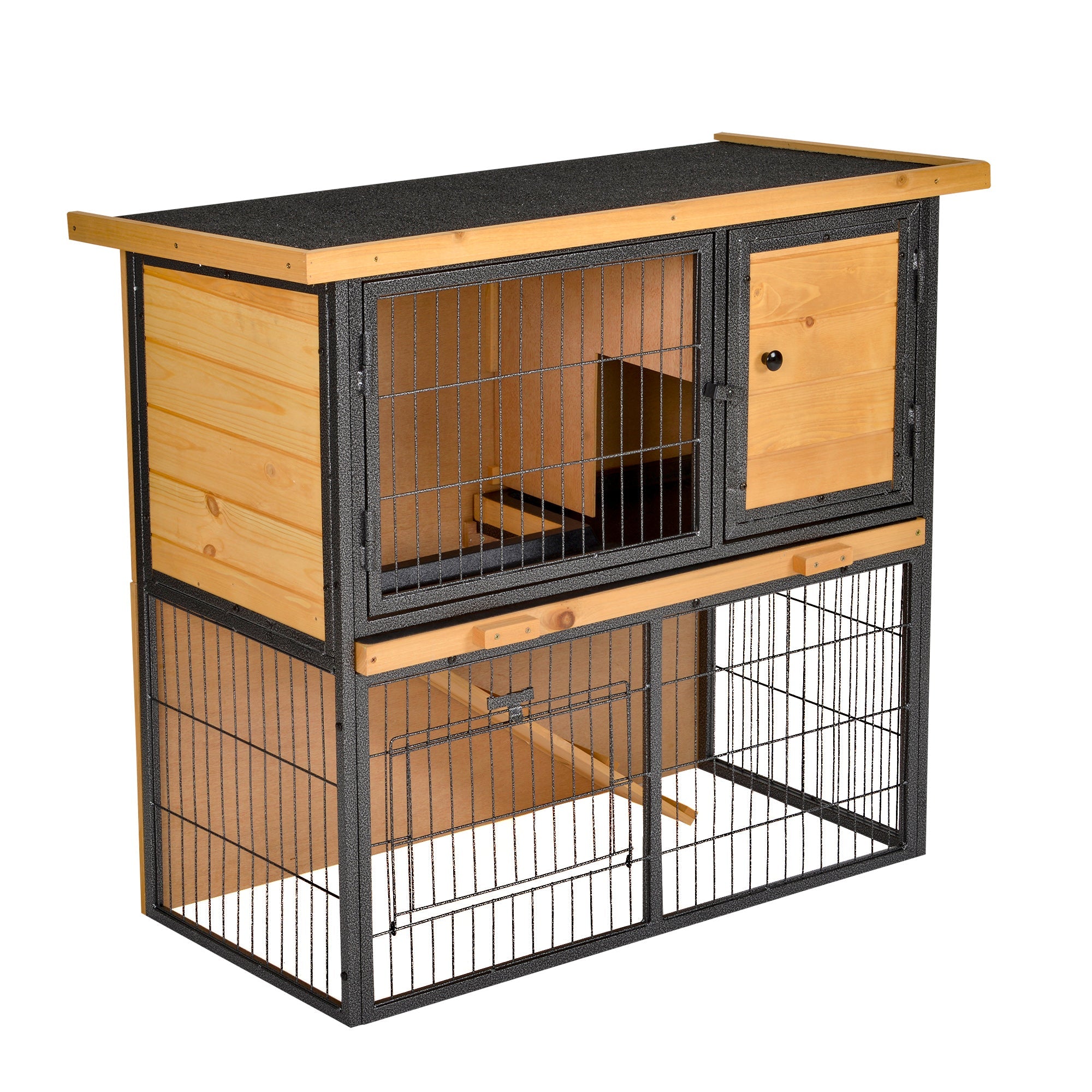 Wood-metal Rabbit Hutch Elevated Pet House Bunny Cage with Slide-Out Tray Asphalt Openable Roof Lockable Door Outdoor-0