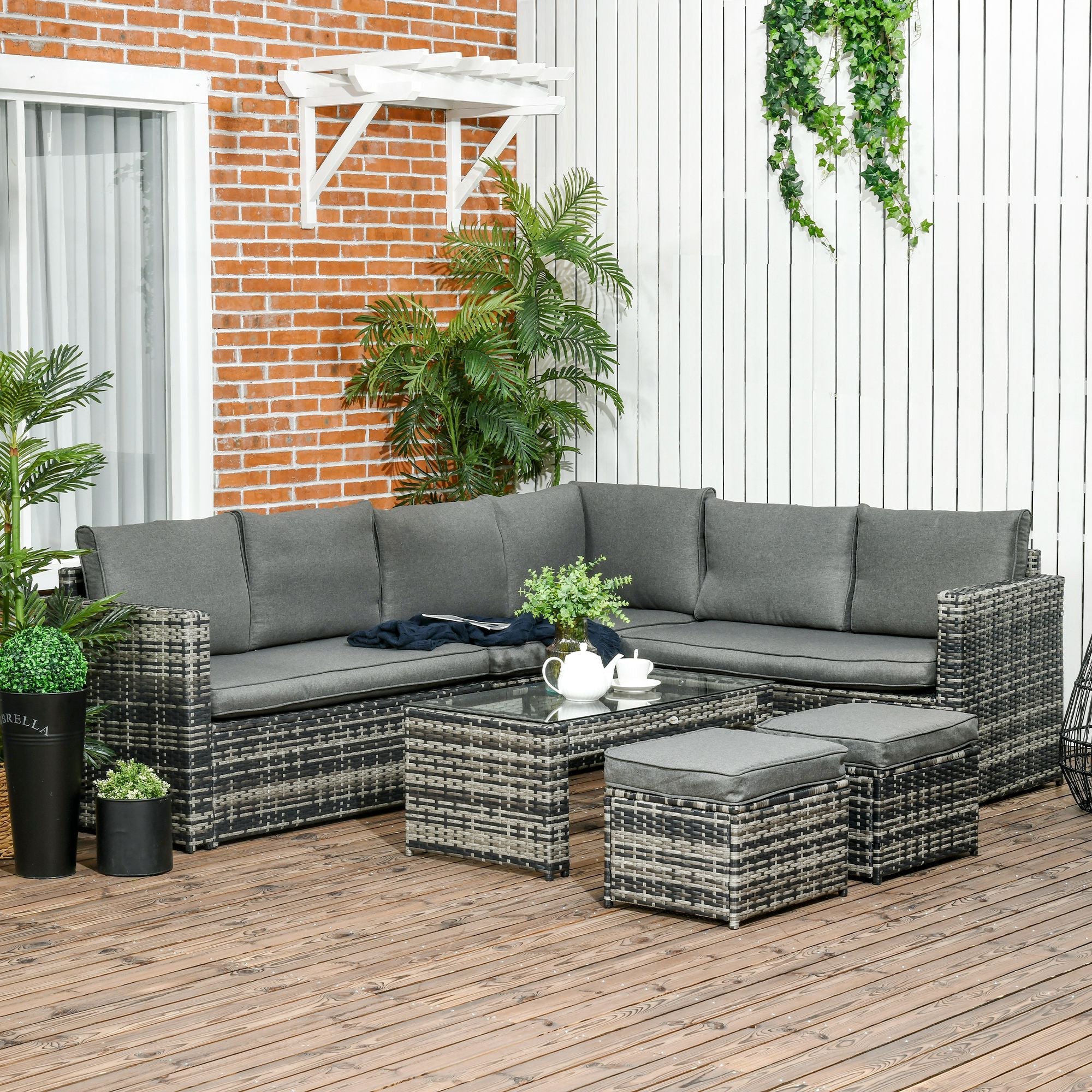 6 Piece Rattan Garden Furniture Set, 8-Seater Outdoor Sofa Sectional with 3 Cushioned Loveseat 2 Footstools Table, Grey-1