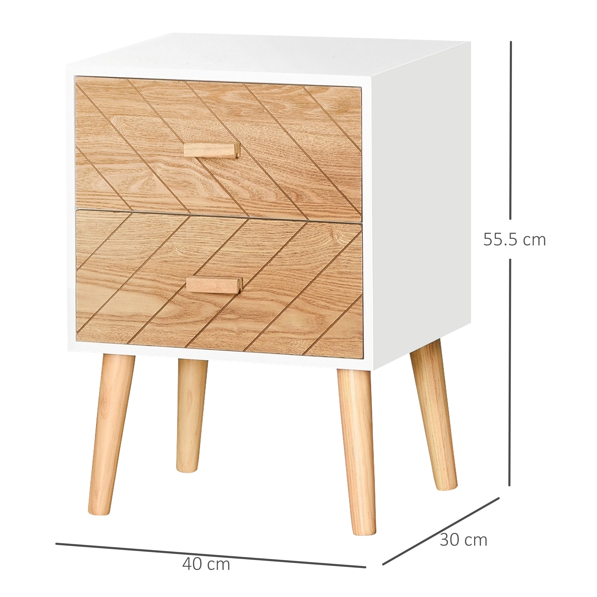 2 Drawers Bedside Table with Pine Legs, Bedroom Wooden Storage Cabinet, Set of 2, Natural-2