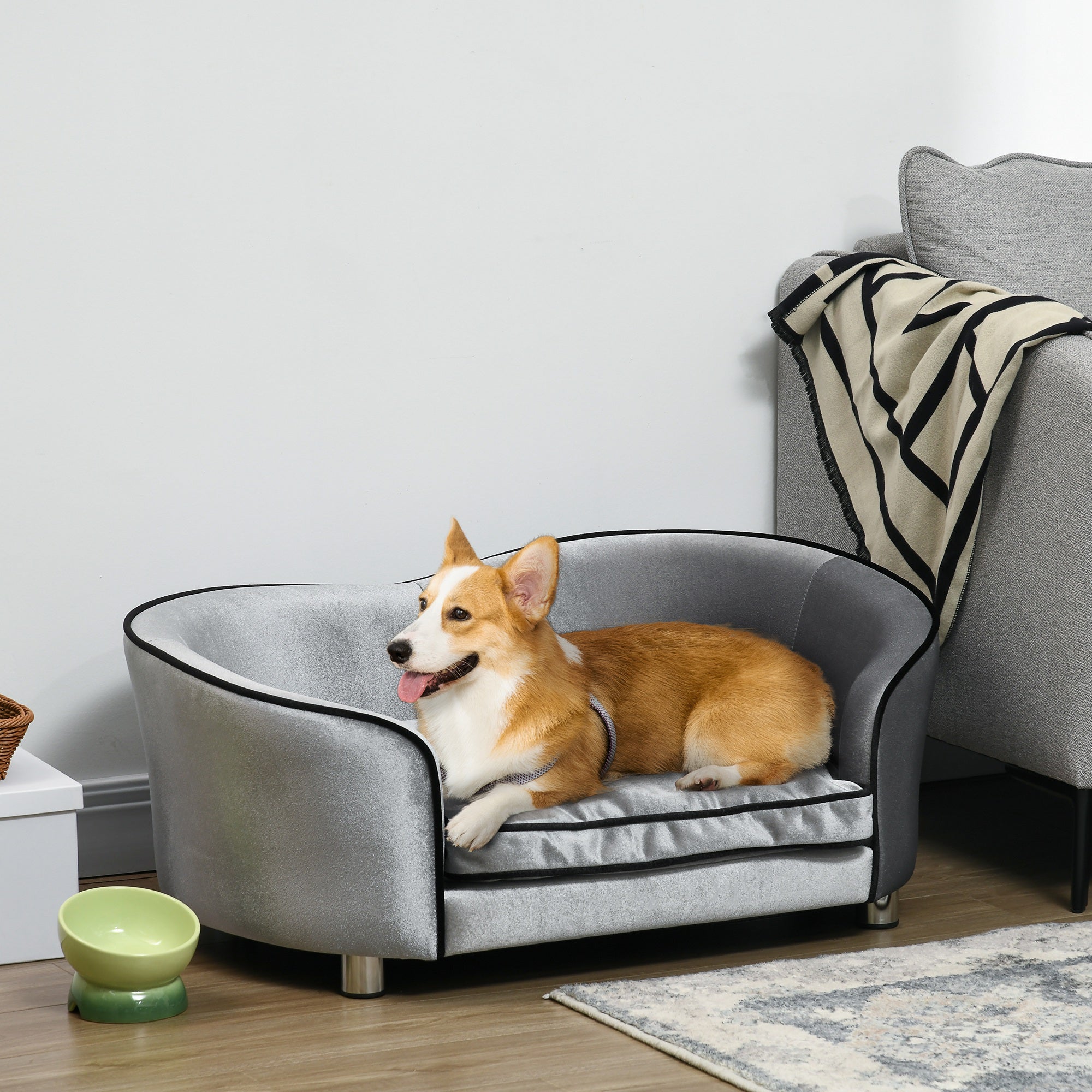 Dog Sofa Bed for Miniature Dogs, Pet Chair Couch Kitten Lounge with Soft Washable Cushion, Thick Sponge, Wooden Frame, Storage Pocket-1