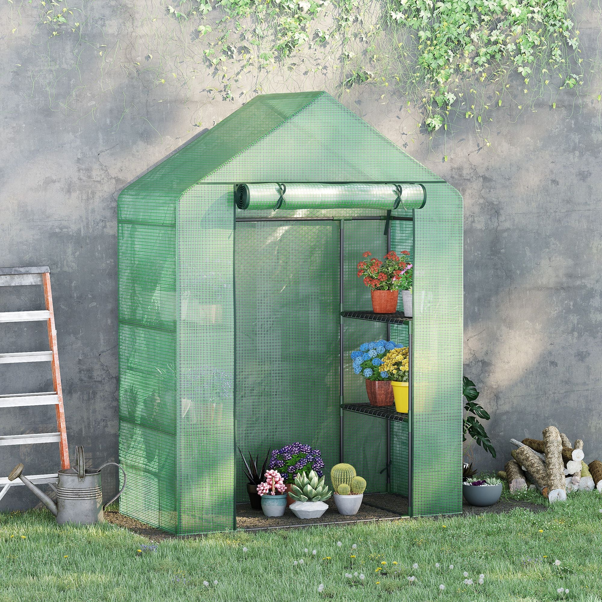 Walk-In Greenhouse Portable Gardening Plant Grow House with 2 Tier Shelf, Roll-Up Zippered Door and PE Cover, 141 x 72 x 191 cm-1