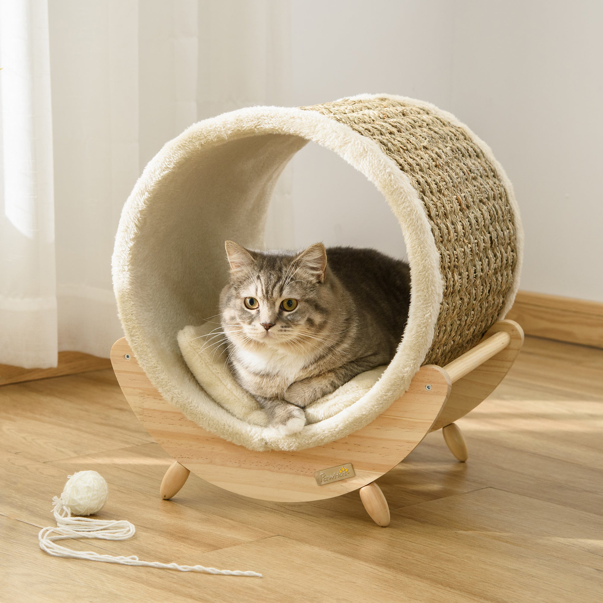 Elevated Cat House, Kitten Bed, Pet Shelter, Wrapped with Scratcher, Soft Cushion, 41 x 38 x 43 cm, Khaki-1