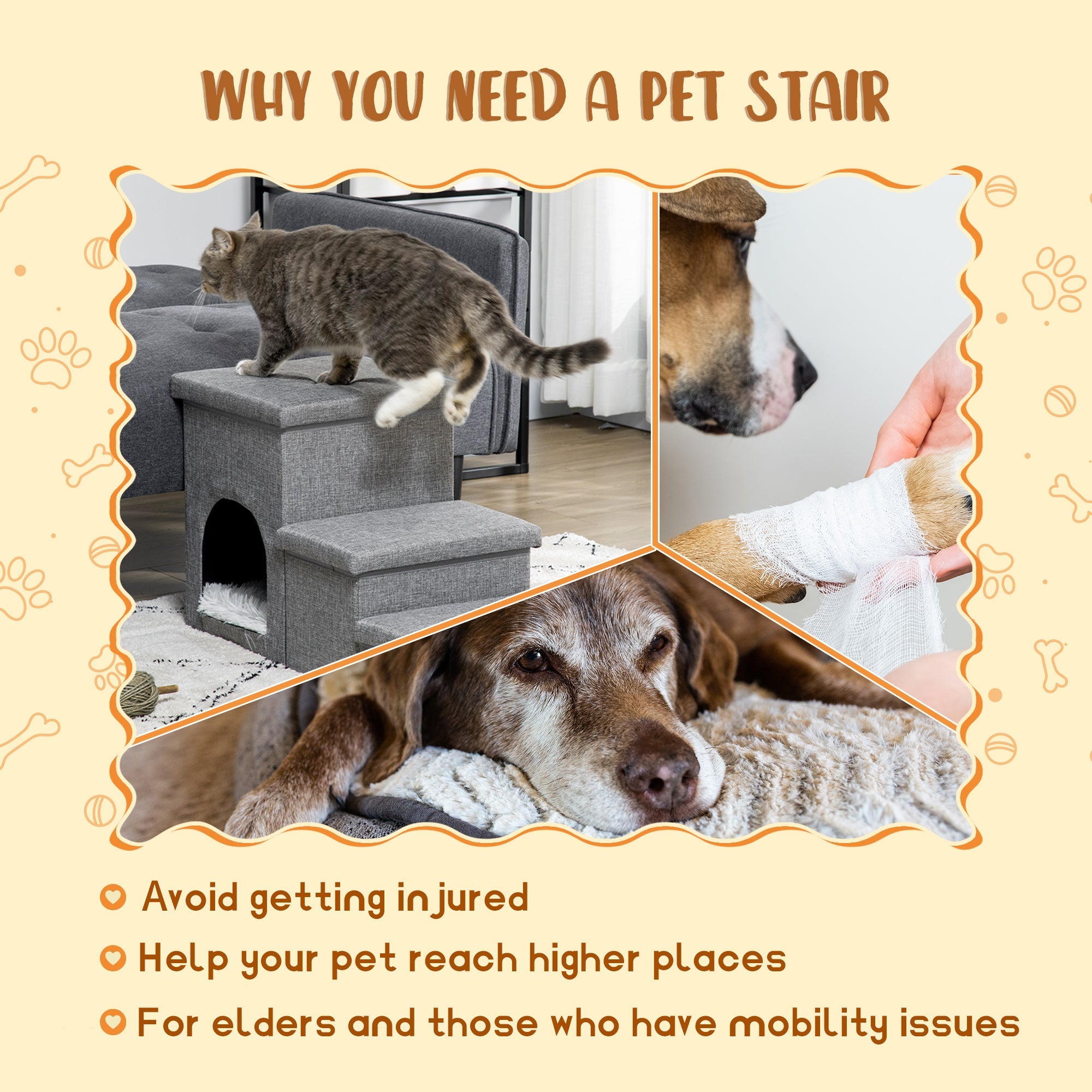 Dog Steps 3-step Pet Stairs with Kitten House and 2 Storage Boxes, 3 in 1 Dog Ramp for Sofa with Washable Plush Cushion-3