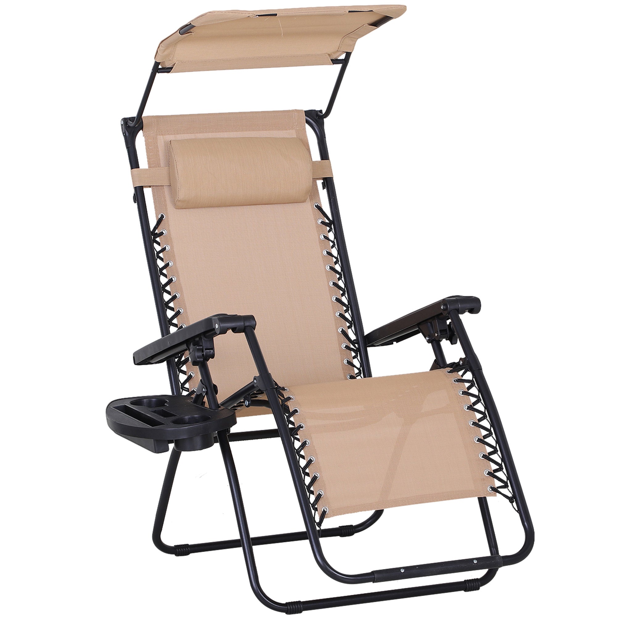 Zero Gravity Garden Deck Folding Chair Patio Sun Lounger Reclining Seat with Cup Holder & Canopy Shade - Beige-0