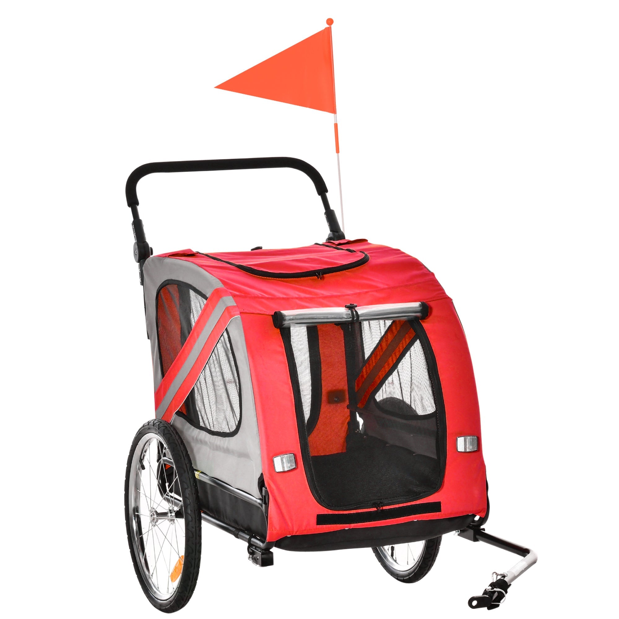 Dog Bike Trailer 2-in-1 Pet Stroller Cart Bicycle Carrier Attachment for Travel in steel frame with Universal Wheel Reflectors Flag Red-0