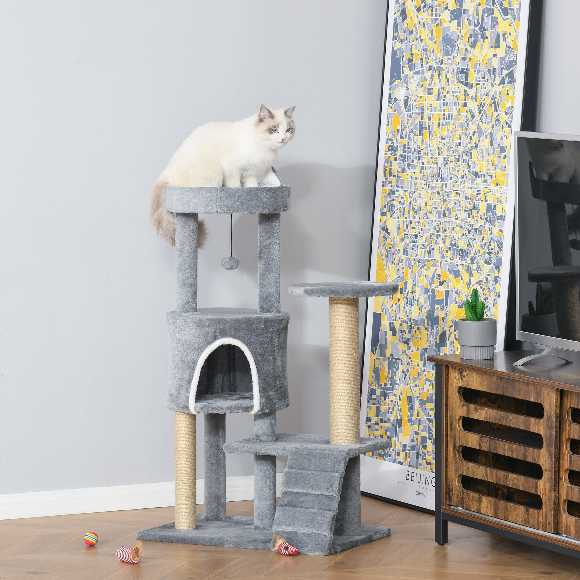 100cm Cat Tree Tower Condo Multi Platform Kitty Cat Center with Climbing Ladder Scratching Post Hanging Toy Ball, Light Grey-1