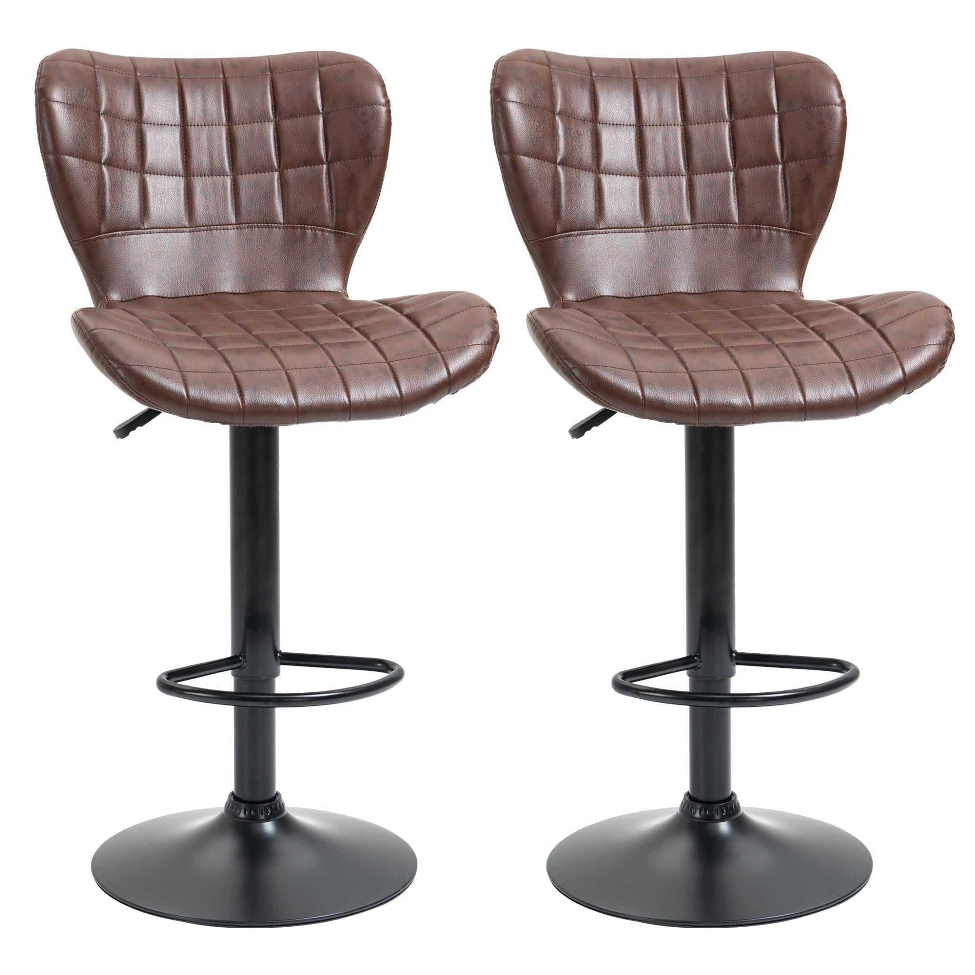 Bar Stools Set of 2 Adjustable Height Swivel Bar Chairs in PU Leather with Backrest & Footrest, Brown-0