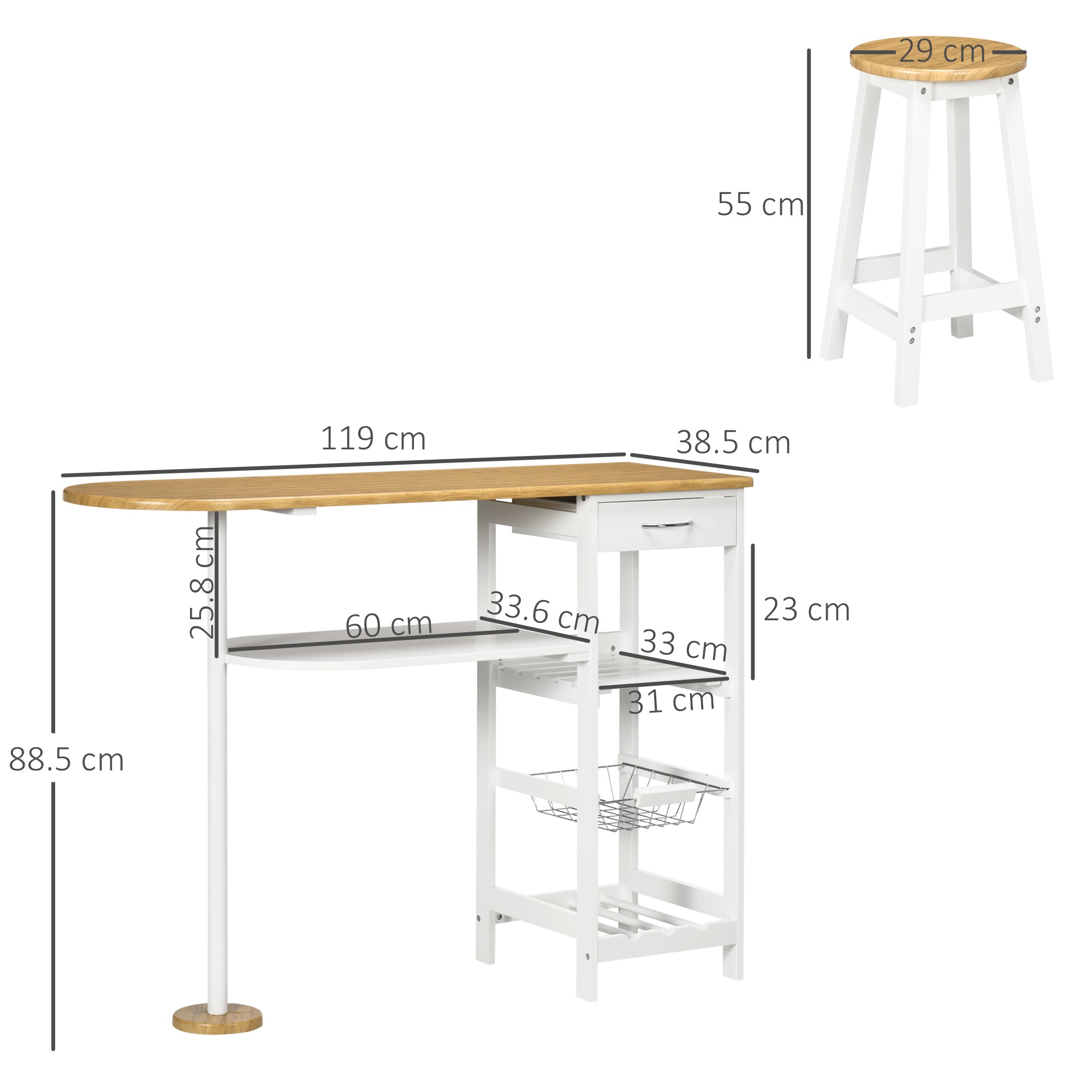 3 Piece Bar Table Set, Breakfast Bar table and Stools with Storage Shelf, Drawer, Wire Basket and Wine Rack for Kitchen, Natural and White-2