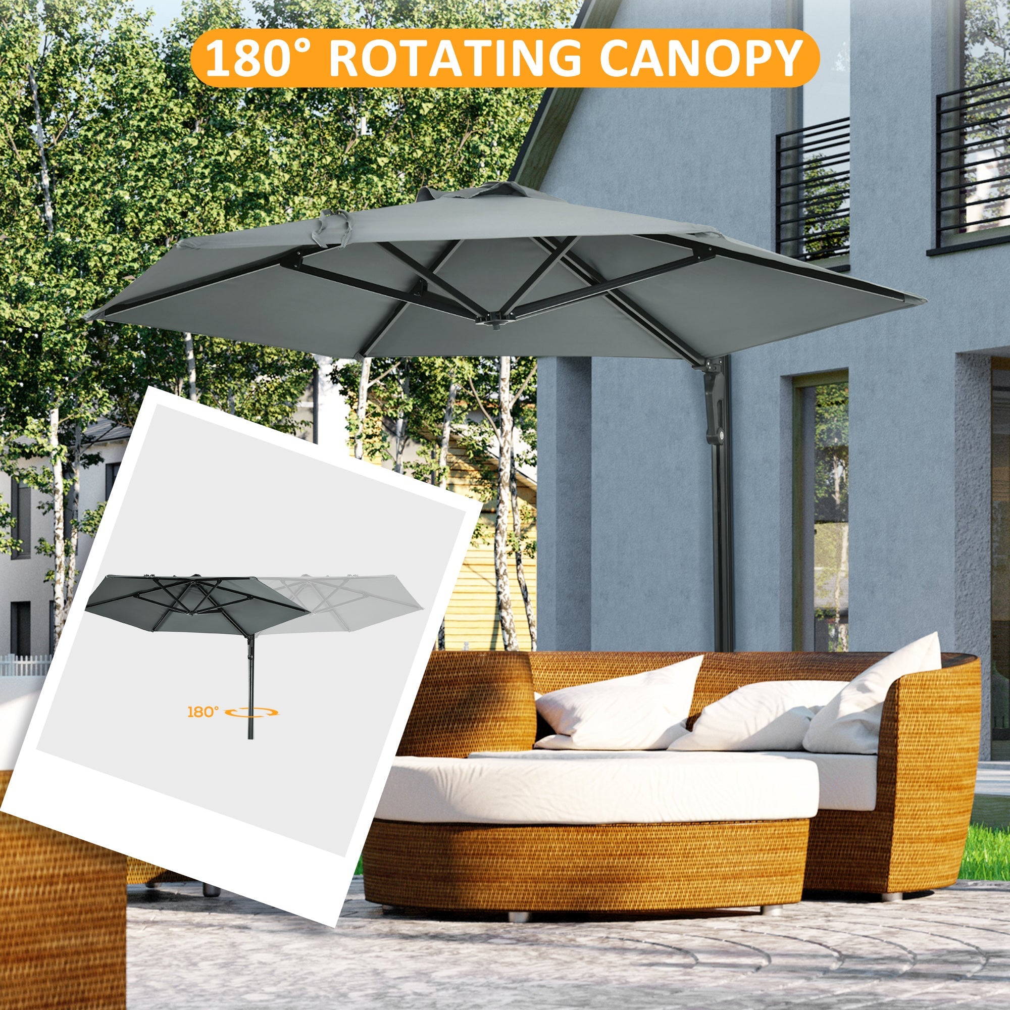 Wall Mounted Parasol, Hand to Push Outdoor Patio Umbrella with 180 Degree Rotatable Canopy for Porch, Deck, Garden, 250 cm, Grey-3