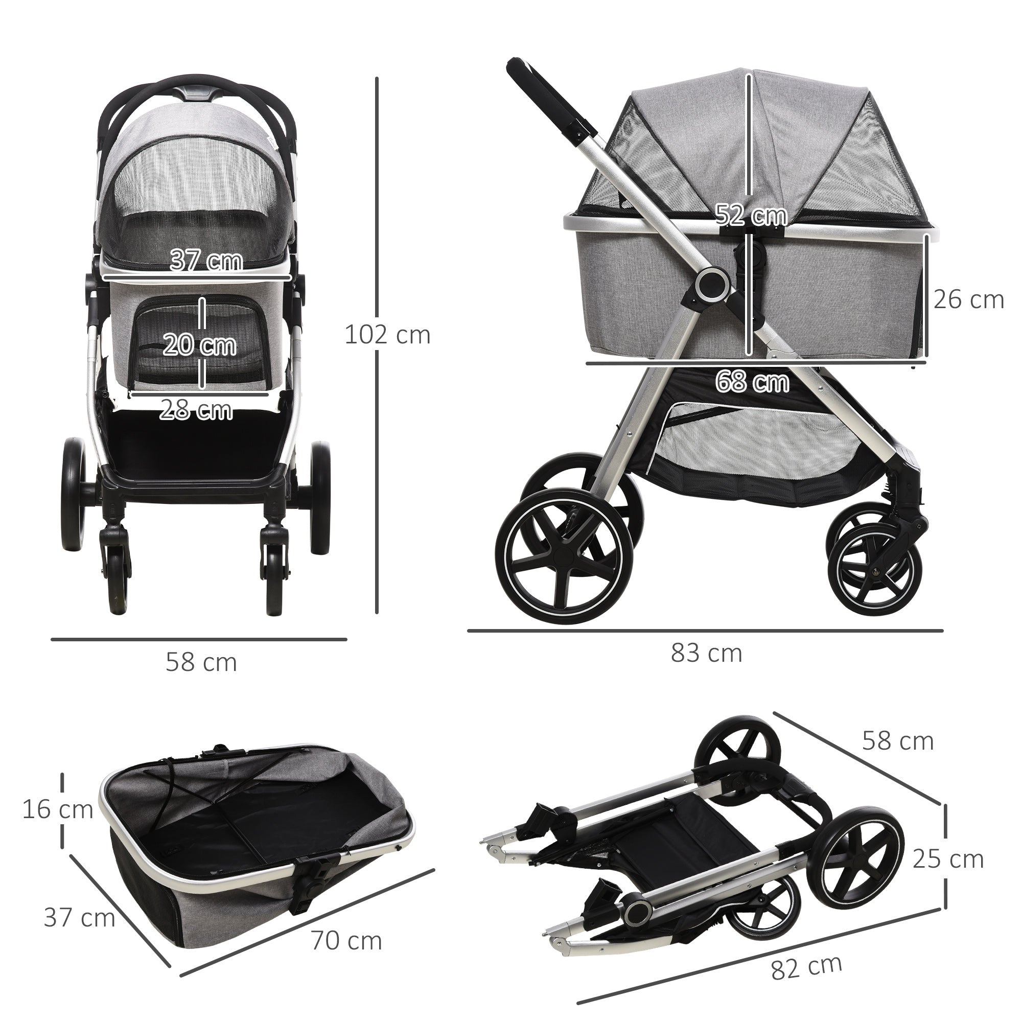 3-In-1 One Click Foldable Pet Stroller Detachable Dog Cat Travel Pushchair Car Seat with EVA Wheels Basket Safety Leash Cushion Light Grey-2