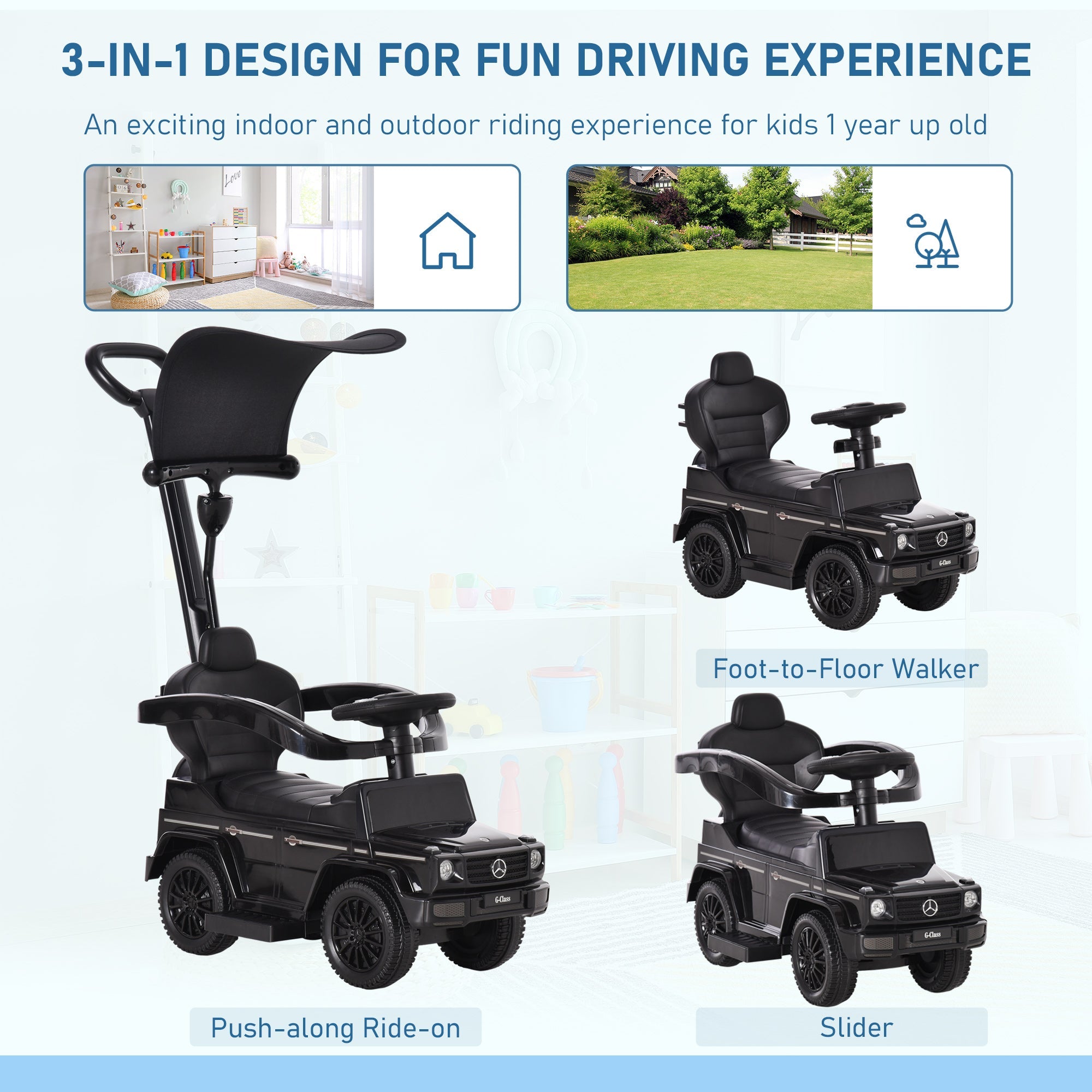 Ride-On Car Push Along Car Mercedes-Benz G350 Sliding Walker Foot to Floor Slider Stroller Toddler w/ Steering Wheel, Black-3