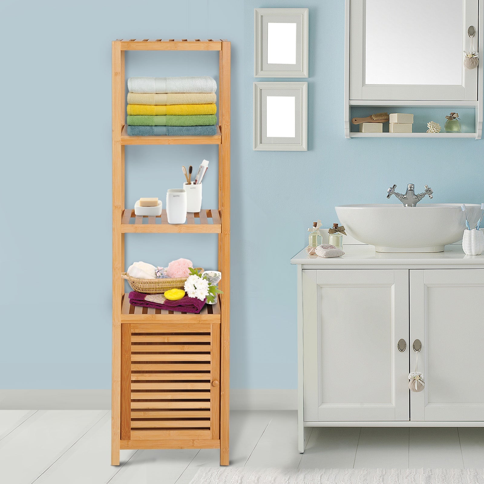 140cm Storage Unit Freestanding Cabinet w/ 3 Shelves Cupboard Bathroom Kitchen Home Tall Utility Organiser-1