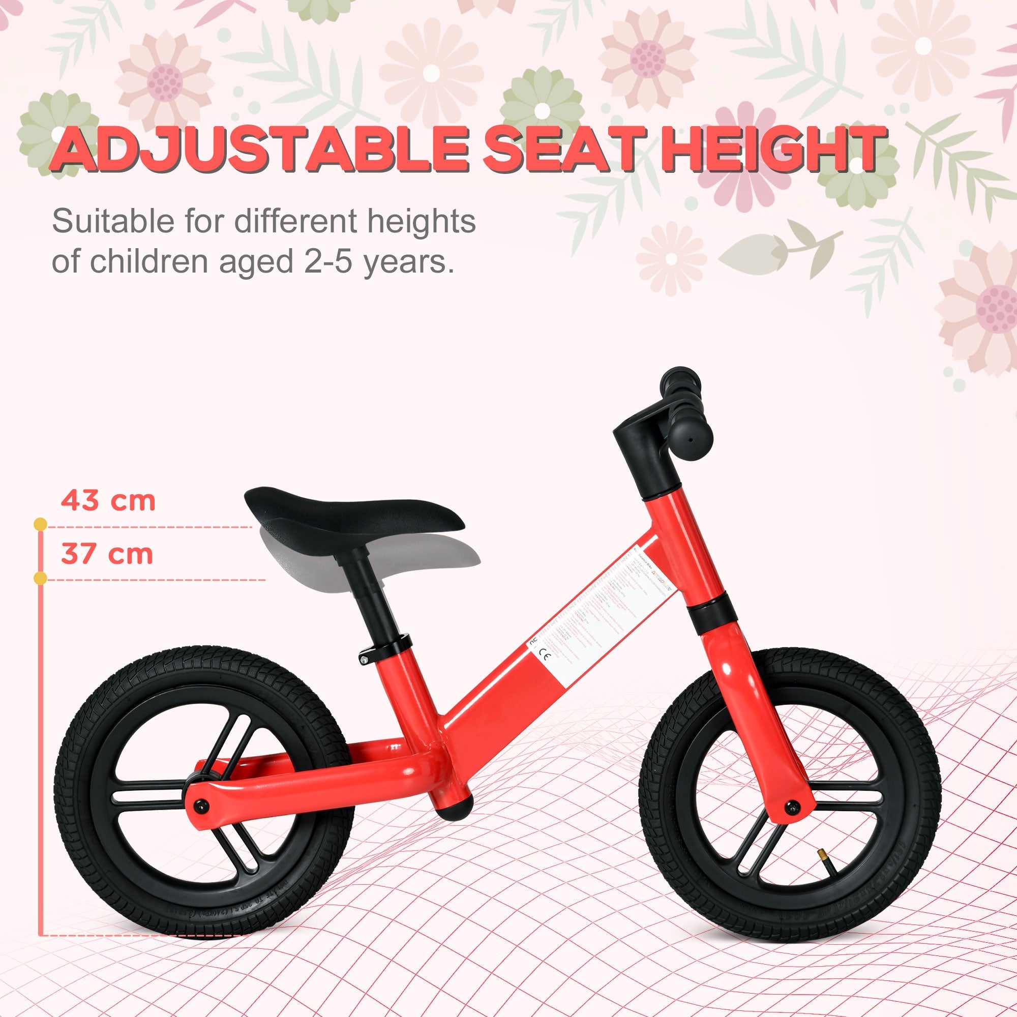 12" Kids Balance Bike, No Pedal Training Bike for Children with Adjustable Seat, 360° Rotation Handlebars - Red-3