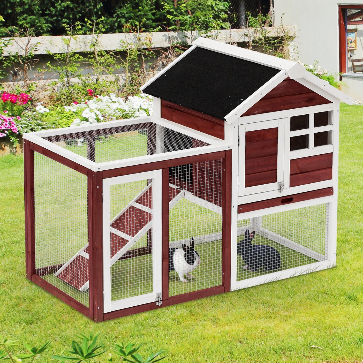 122 Wooden Rabbit Hutch Bunny Cage with Waterproof Asphalt Roof, Fun Outdoor Run, Removable Tray and Ramp, Brown-1