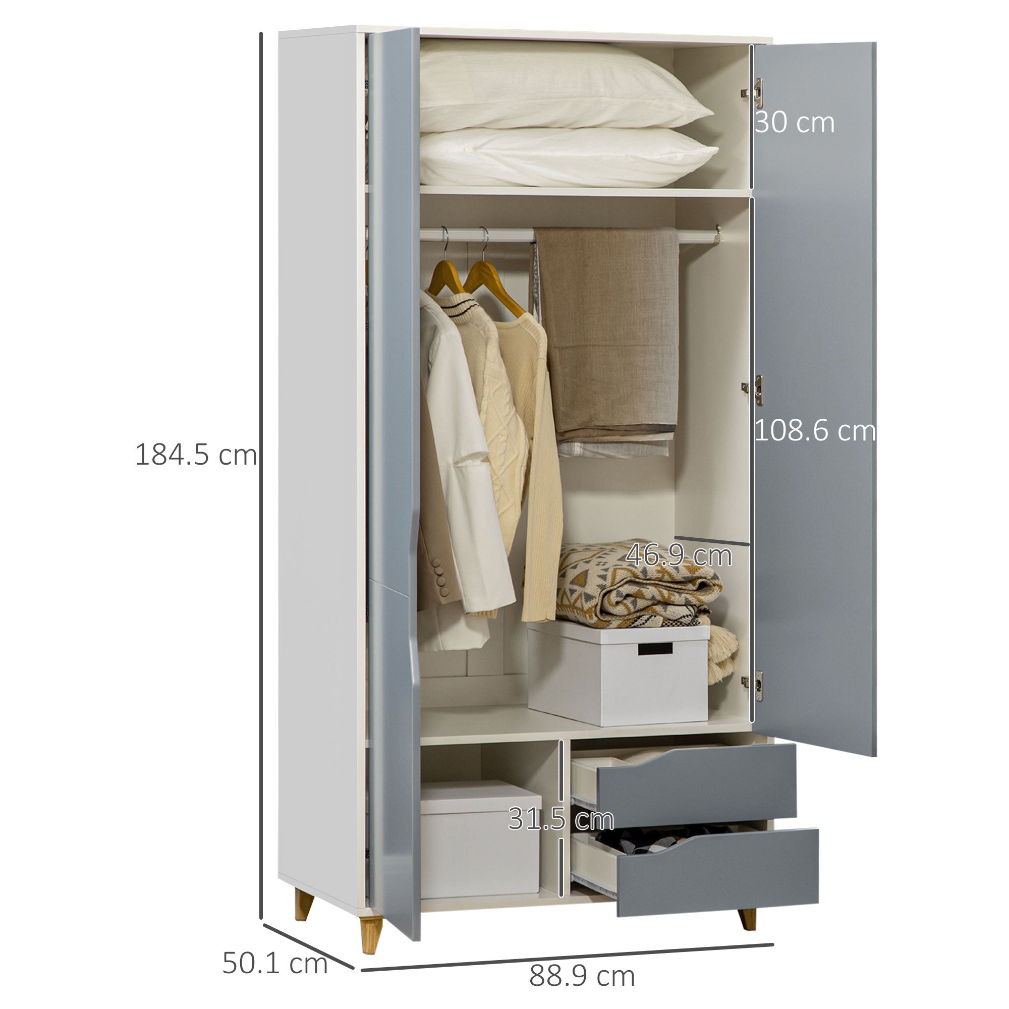 Wardrobe with 2 Doors, 2 Drawers, Hanging Rail, Shelves for Bedroom Clothes Storage Organiser, 89x50x185cm, Grey-2