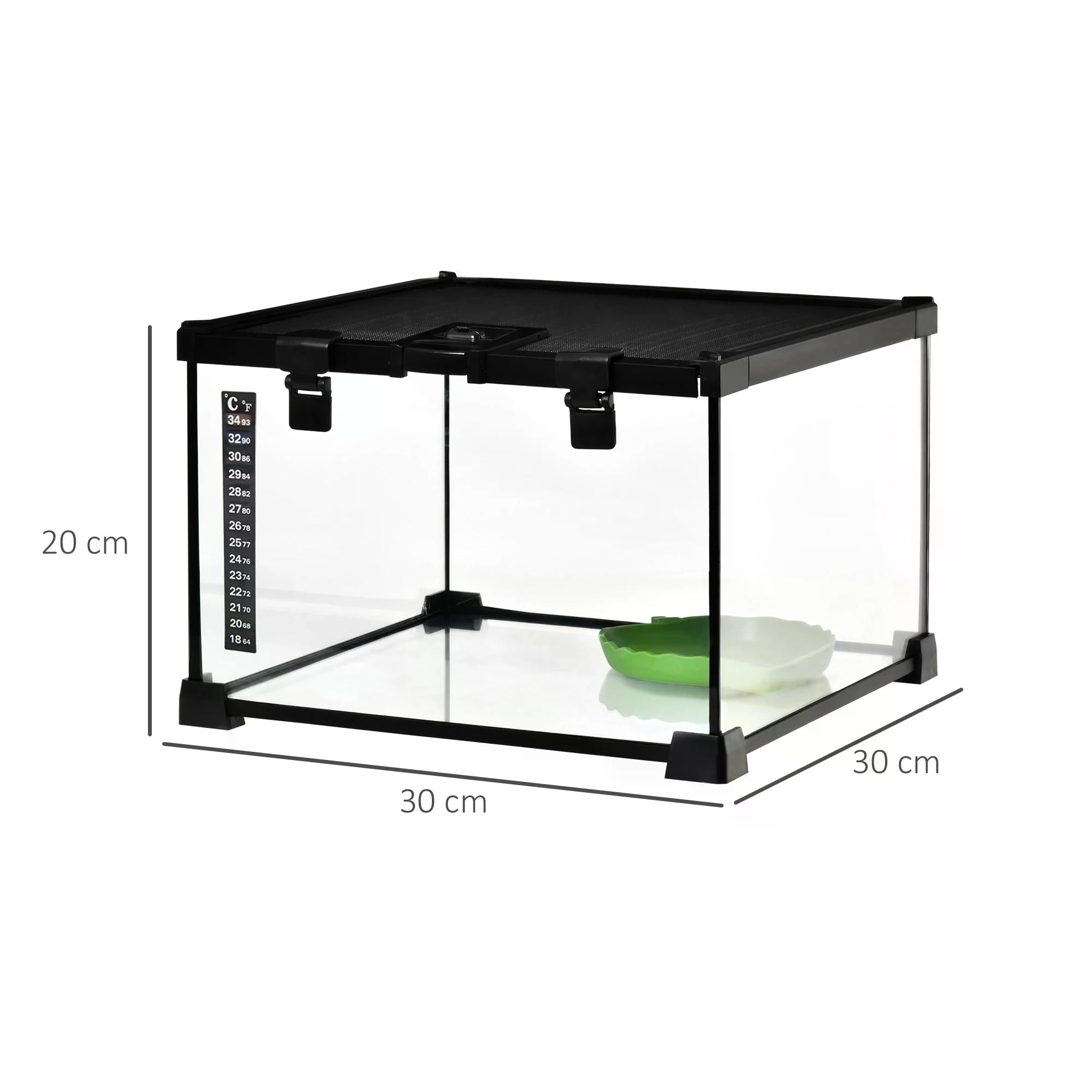 30 x 30 x 20 cm Reptile Glass Terrarium, Reptile Breeding Tank, Climbing pet Glass Containers, Arboreal Box, with Strip Patch Thermometer-Black-2