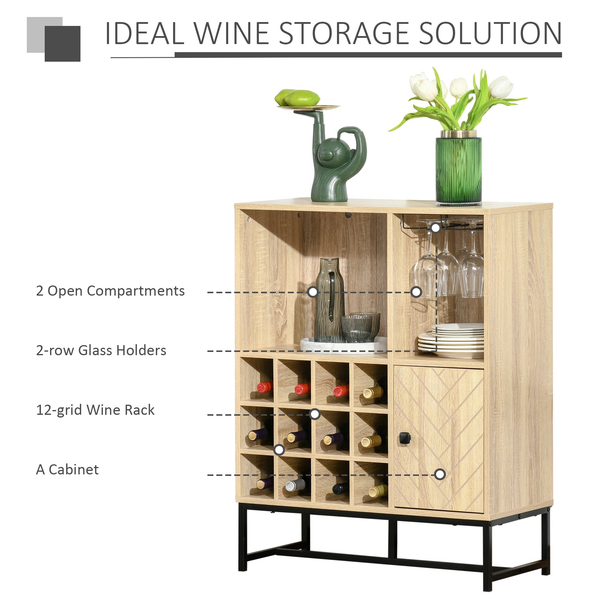 Wine Rack for 12 Bottles, Freestanding Wine Rack Sideboard Serving Bar with Glass Holders, Brown-3